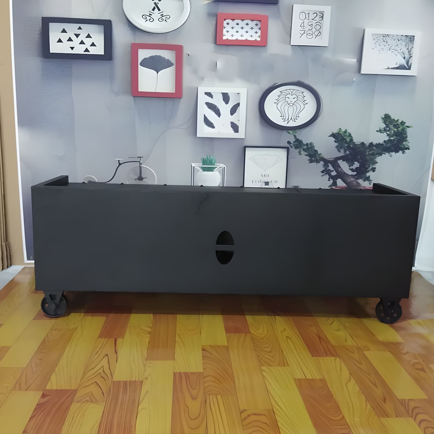 Metal Black TV Cabinet Industrial Style Home TV Stand Console with Casters thumbnail 9