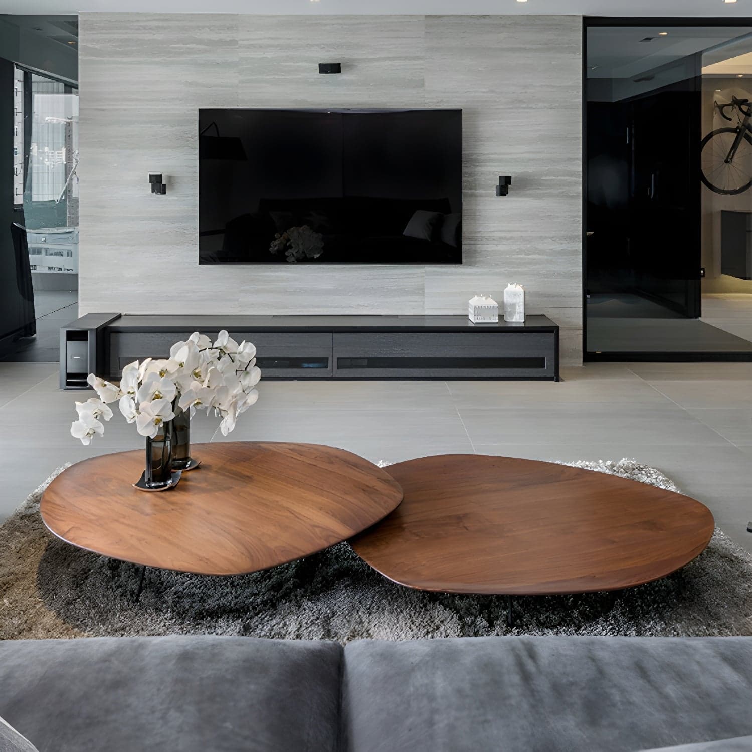Modern Free Form Wood Coffee Table with Black Metal Frame - Storage Not Included thumbnail 2
