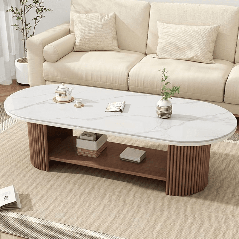 Oval Natural Wood Coffee Table with Twin Support Base, Repository, and 1 Shelf thumbnail 4