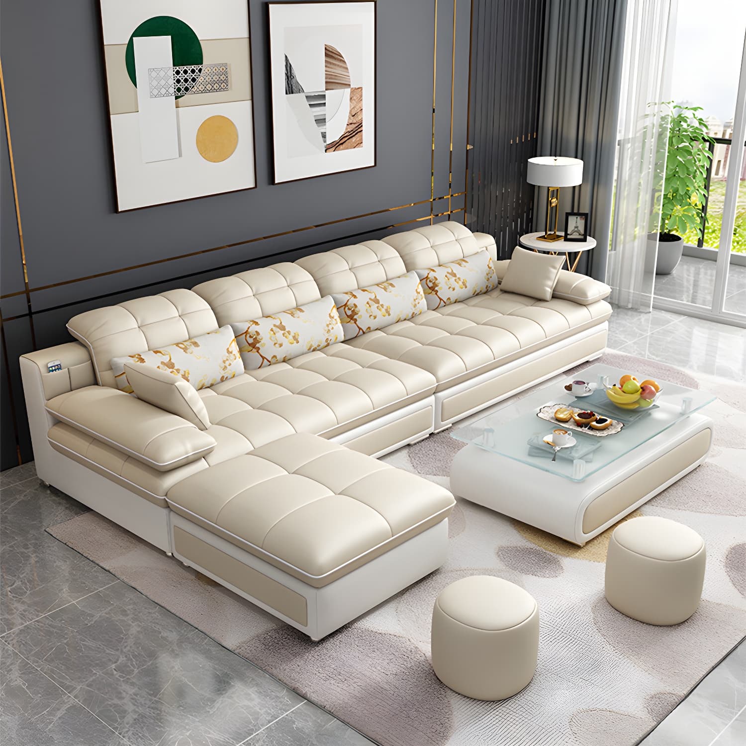 Contemporary Faux Leather Sofa & Chaise Biscuit Back Pillow Top Sofa thumbnail 4