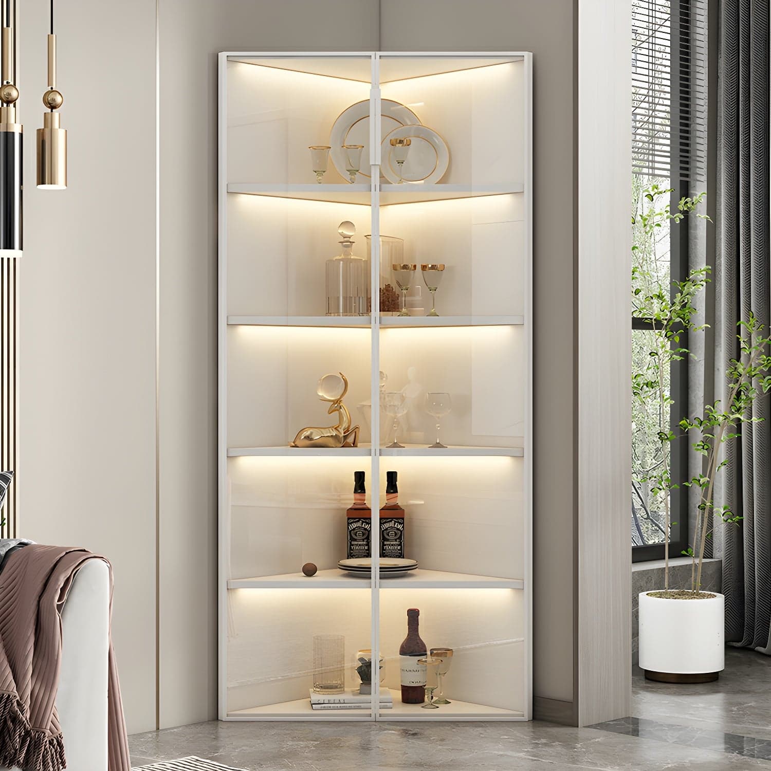 Wood Glass Paned Modern Corner Accent Cabinet for Living Room thumbnail 4