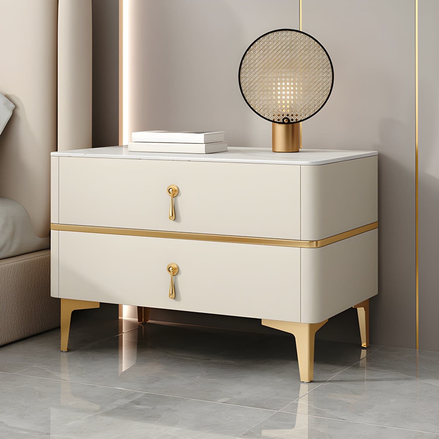 Glam Style Sintered Stone Top 2- Drawer Nightstand with Legs for Bedroom thumbnail 7