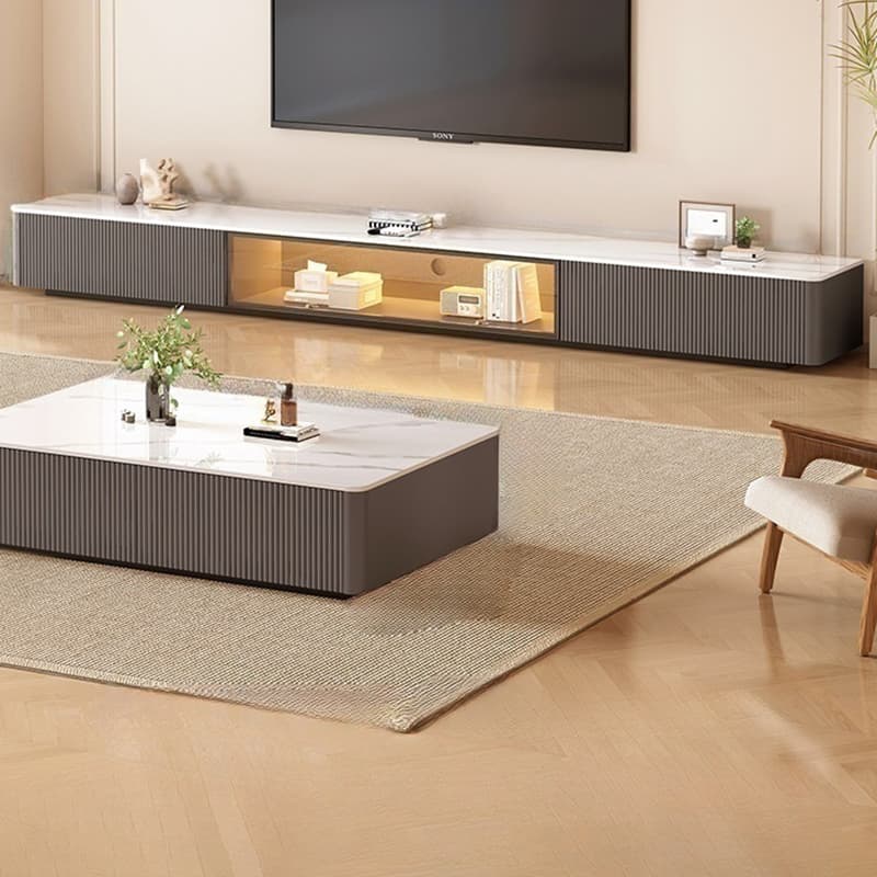 Modish Sintered Stone TV Stand with 2-Drawer, Cabinet & Cable Management Living Room thumbnail 8