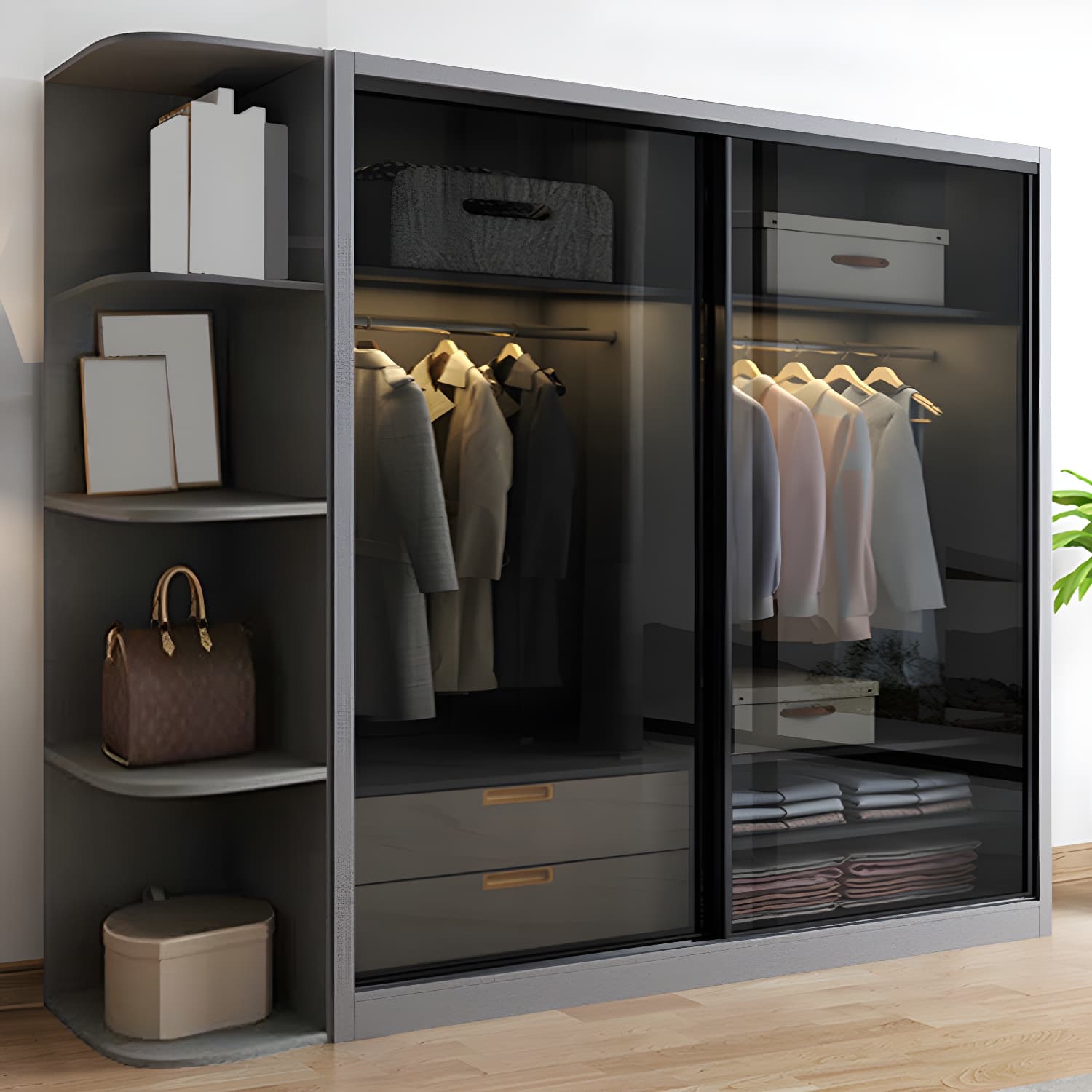 Contemporary Wood and Tempered Glass Wardrobe Freestanding Wardrobe Armoire without Light thumbnail 10