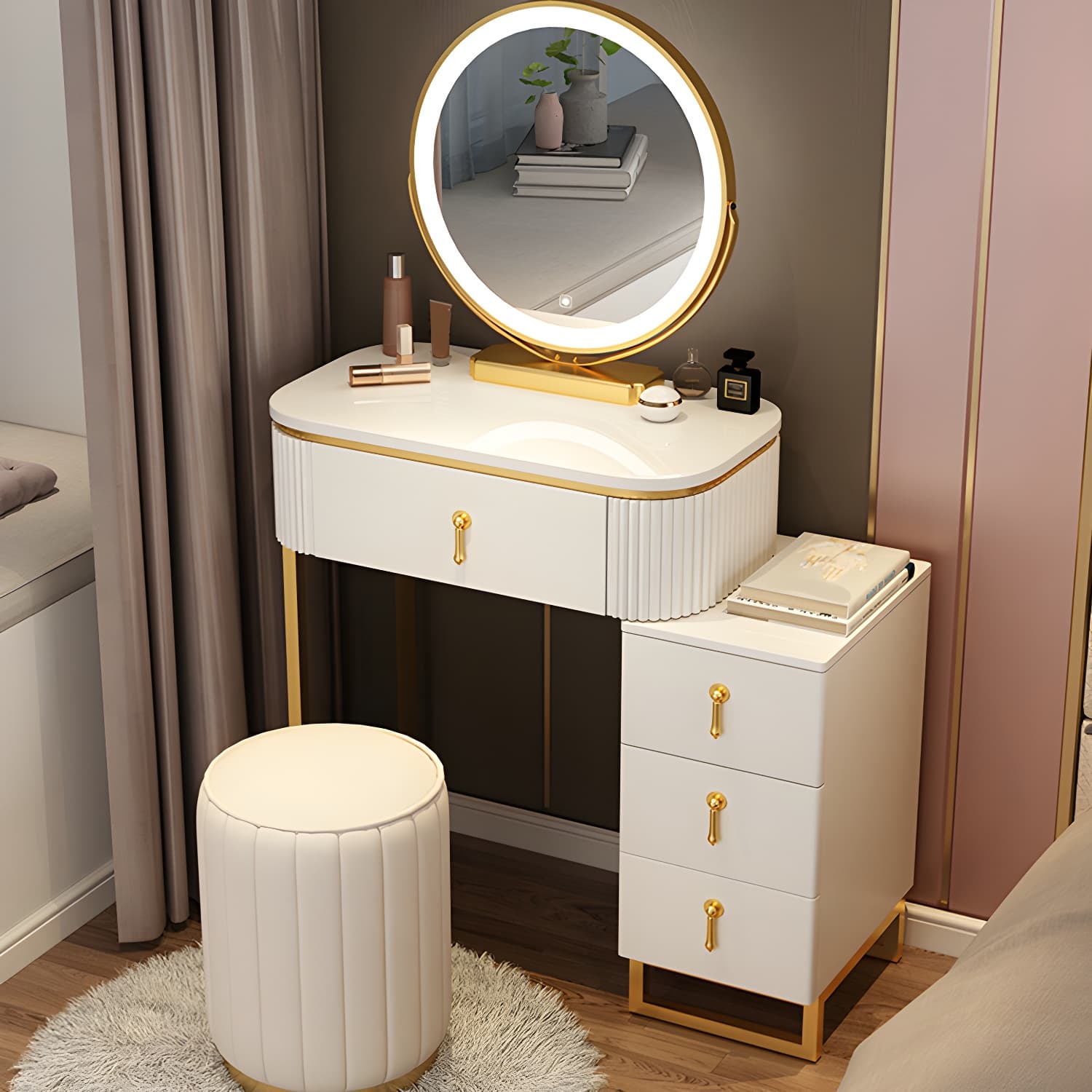Lighted Mirror Makeup Vanity Desk with 4 Drawers Glam Makeup Vanity Set thumbnail 4