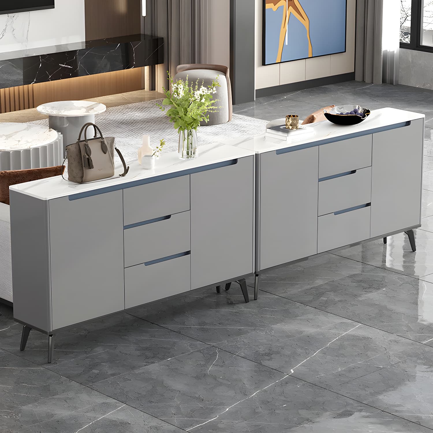 Modern Antique Finish Credenza 3 Drawer Sintered Stone Sideboard Cabinet thumbnail 6
