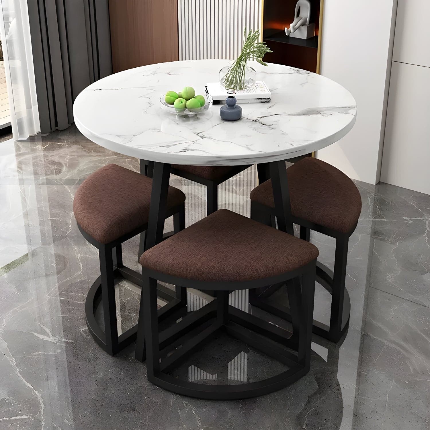 Round White Wood Tone Modern Dining Set with Metal Pedestal Base - Seats 4 thumbnail 2