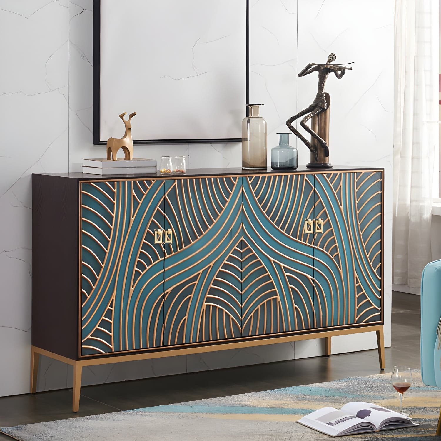 Gold Legs 35.4" High Sideboard Cabinet Glam Style Wood Buffet Table thumbnail 4