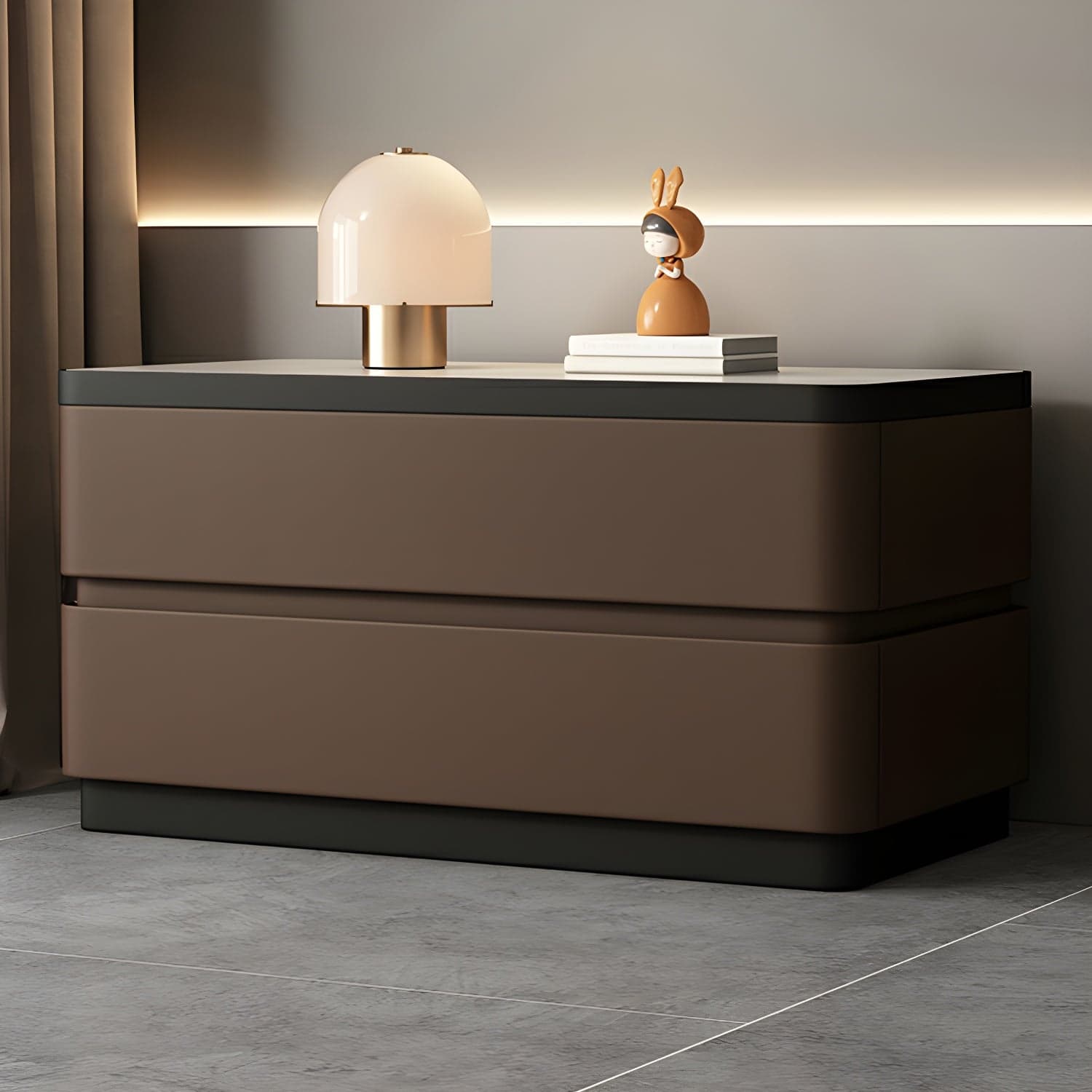 Modern Faux Leather Nightstand with 2 Drawers and Stone Countertop for Bedroom thumbnail 3