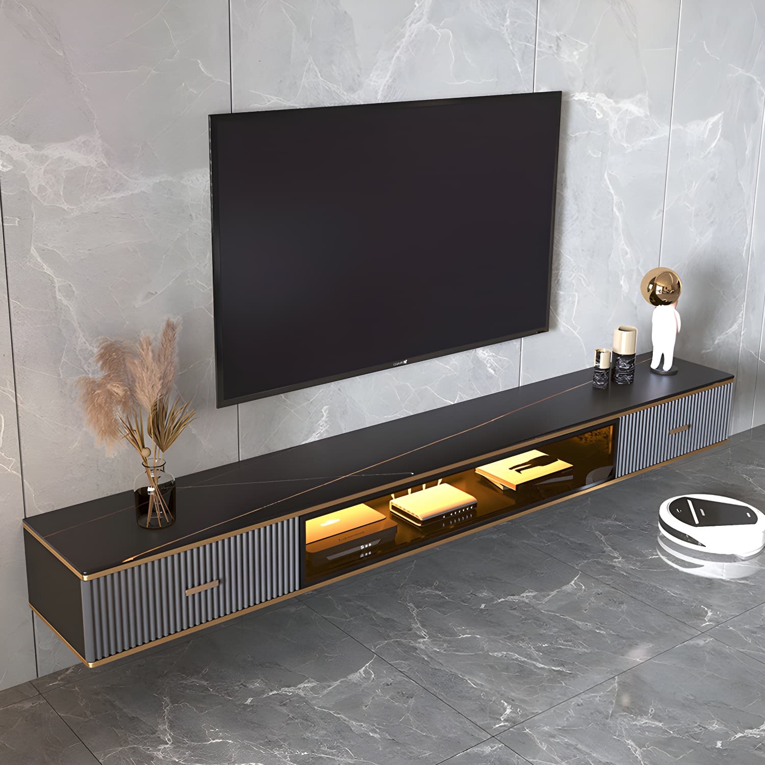 2 Drawers Contemporary TV Stand Stone Wall-mounted TV Cabinet thumbnail 5