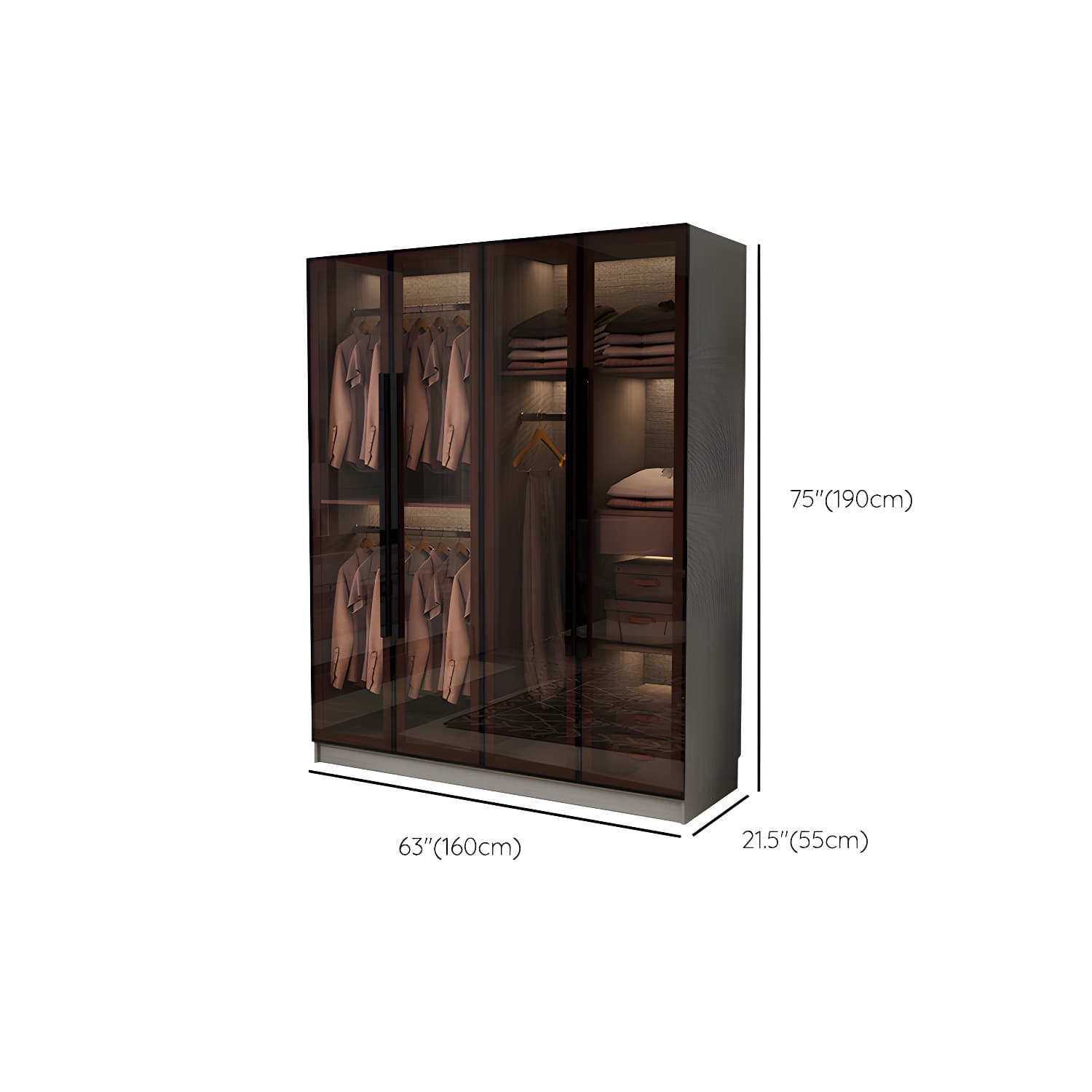 Modern Glass Hinged Doors Wardrobe Armoire Wood Frame Wardrobe with Shelves without Light thumbnail 14