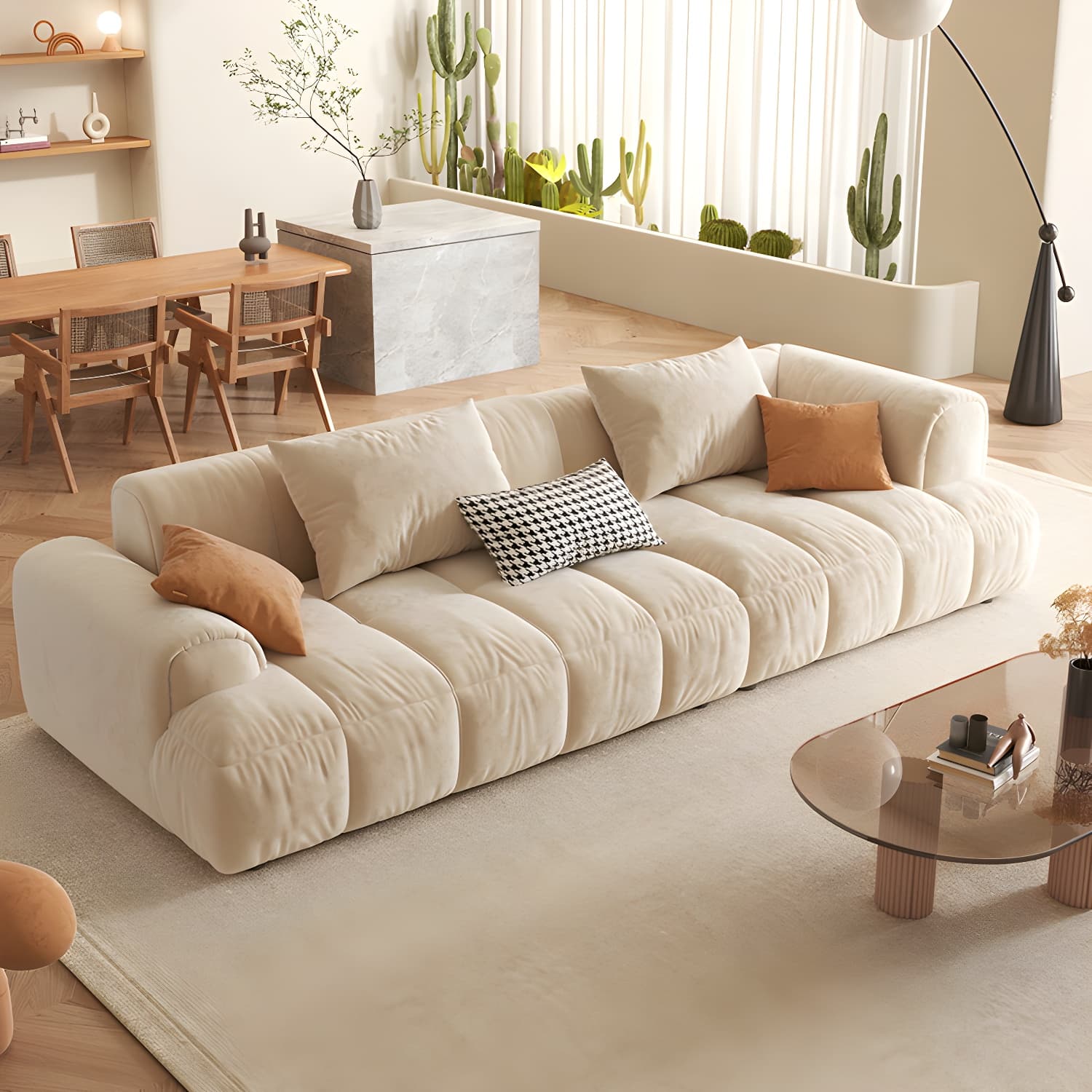 Velvet Round Arm Sectionals 24.8"High Tight Back Sofa with 4 Pillows thumbnail 5