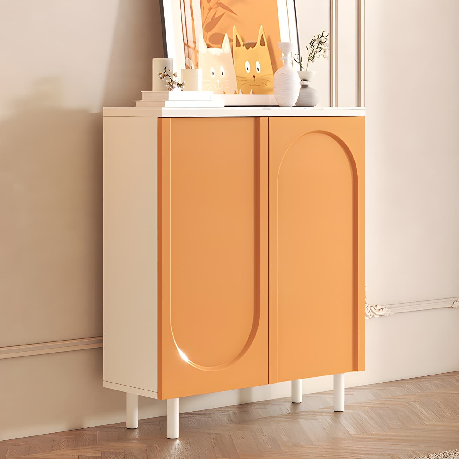 Scandinavian Wood Buffet Sideboard with Stone Countertop and Adjustable Shelves thumbnail 2