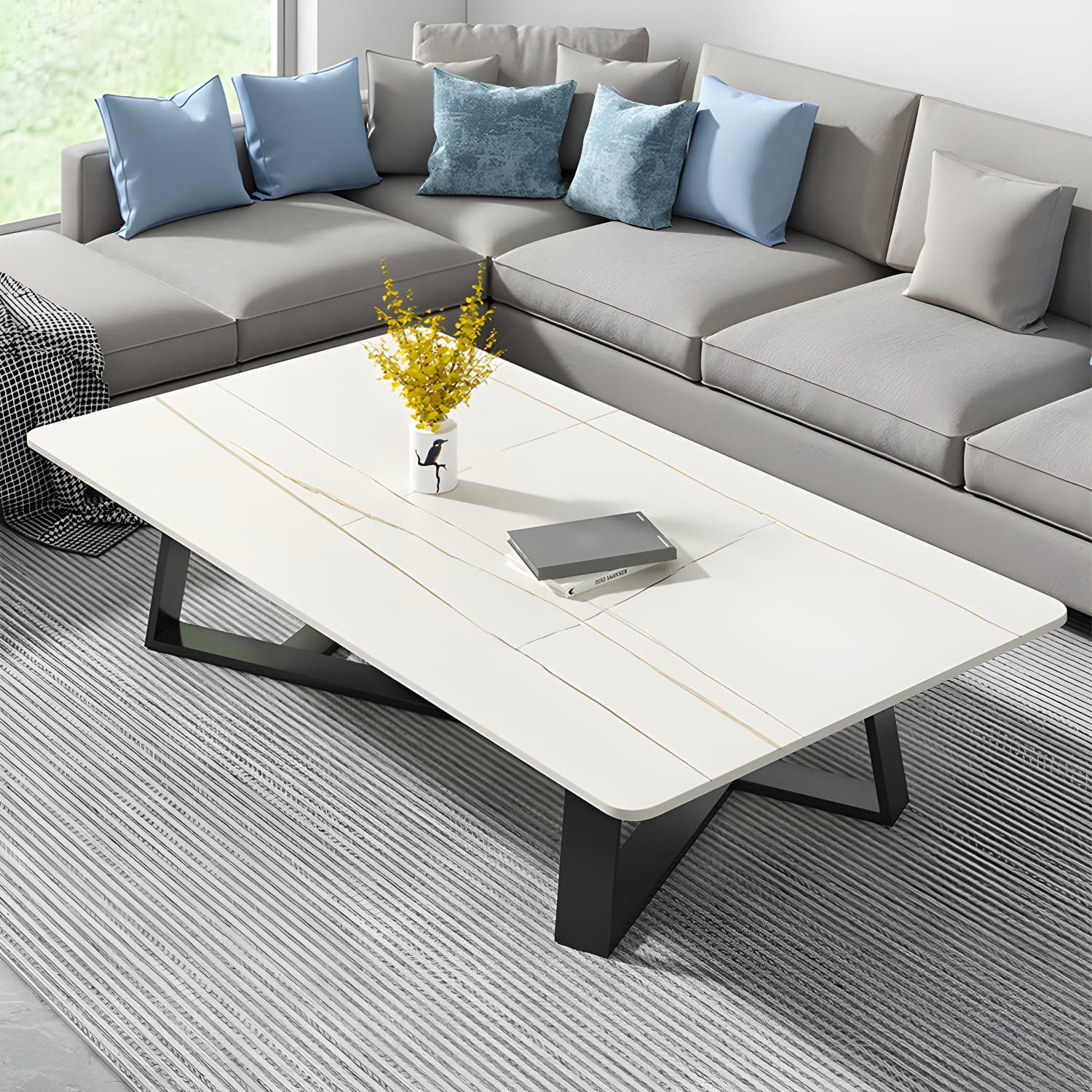 Modern Rectangle Coffee or End Table Stone and Steel Coffee Table with Cross Legs thumbnail 12