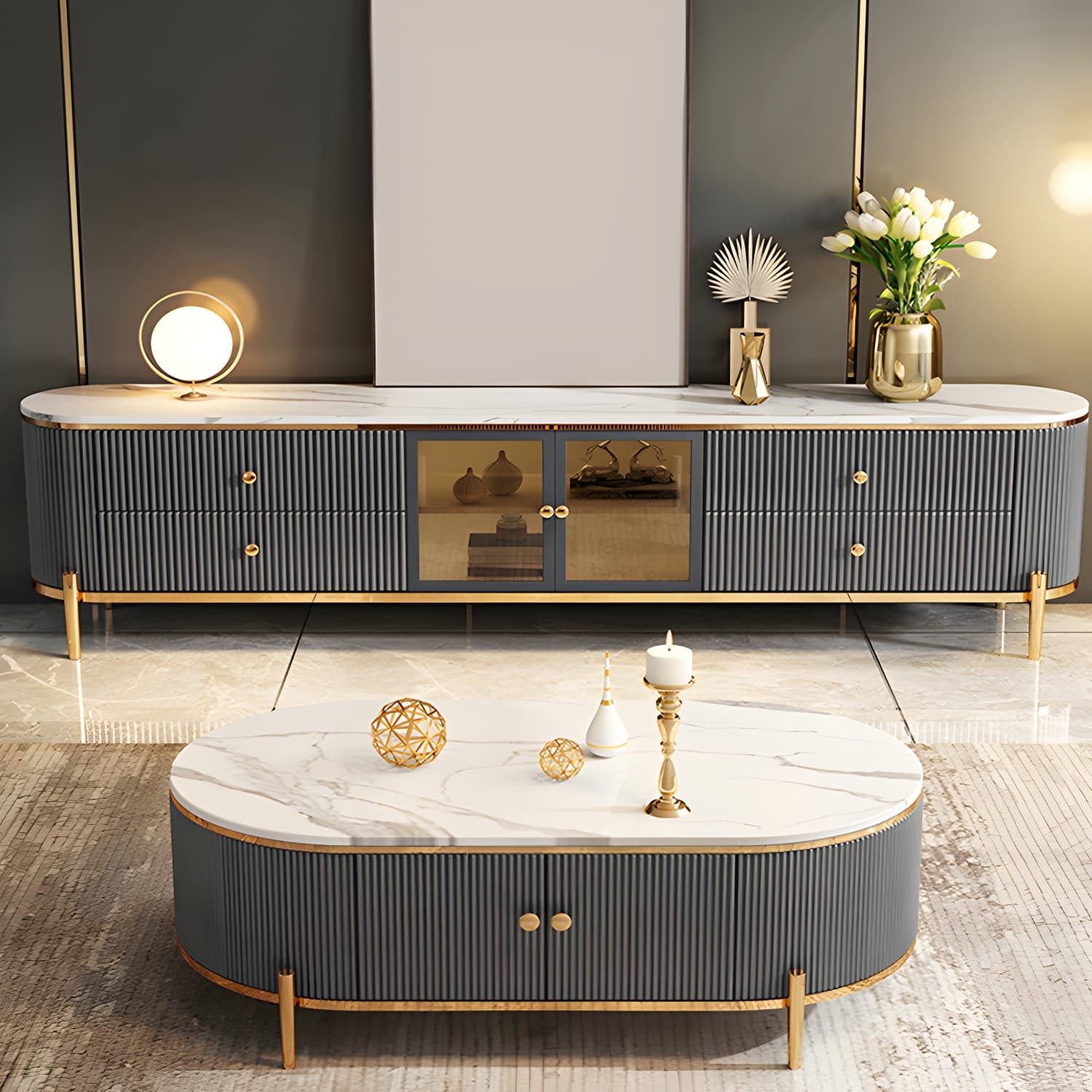 Modern TV Media Console Stone TV Stand Console with 4 Drawers thumbnail 5