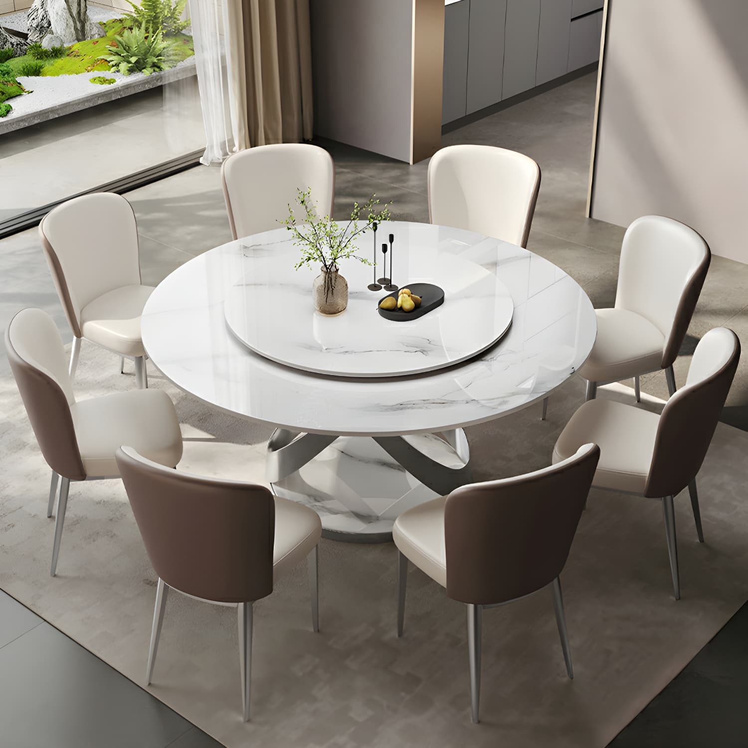 Stunning White Stone Round Dining Table with Lazy Susan and Silver Steel Pedestal Base thumbnail 10