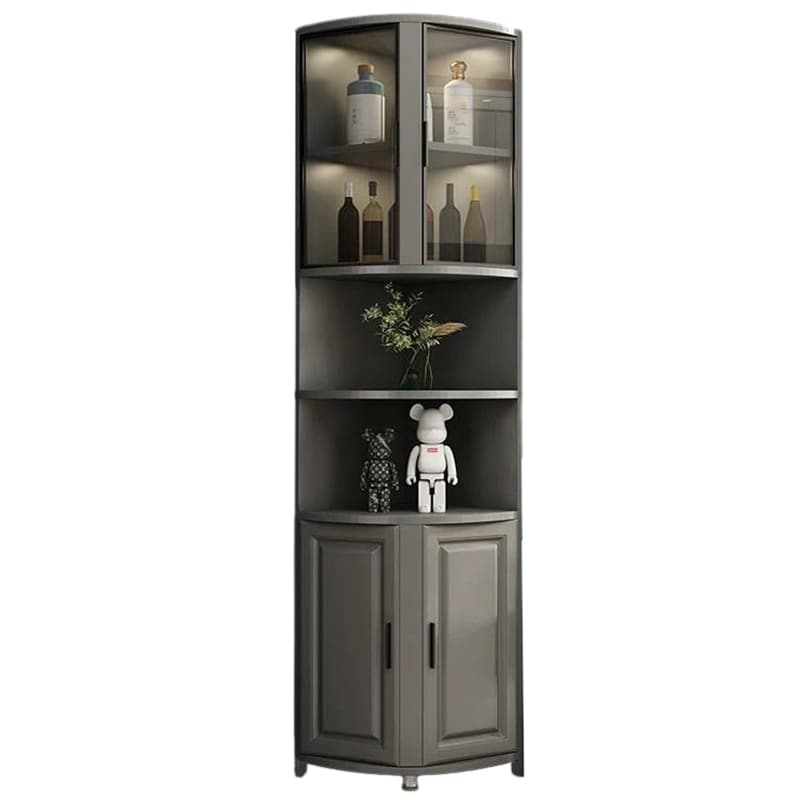 Modern Grey Corner Accent Cabinet with Gold Metal Base and Glass Doors thumbnail 3
