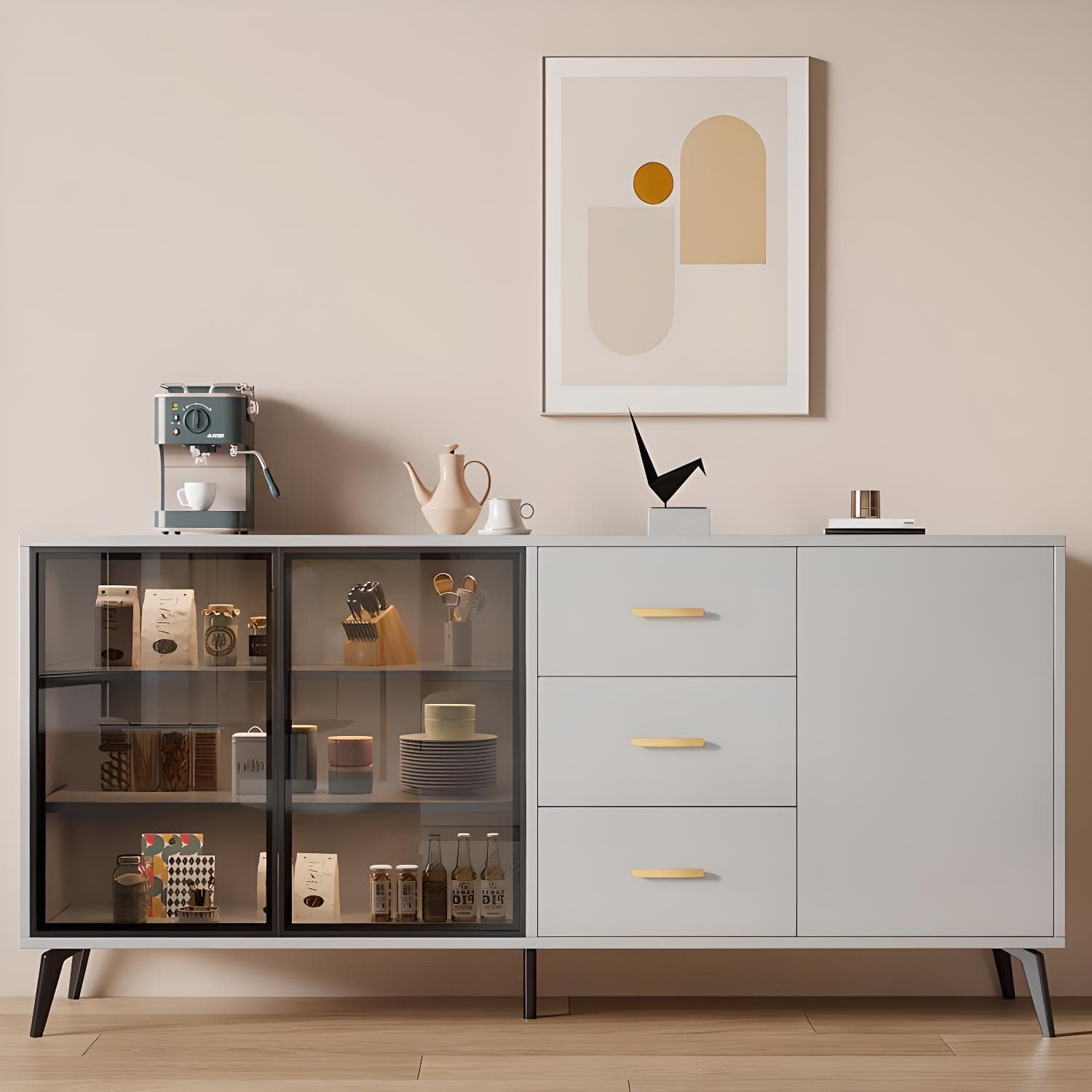 Glass Door Modern Wooden Kitchen Sideboard with Adjustable Shelving thumbnail 4