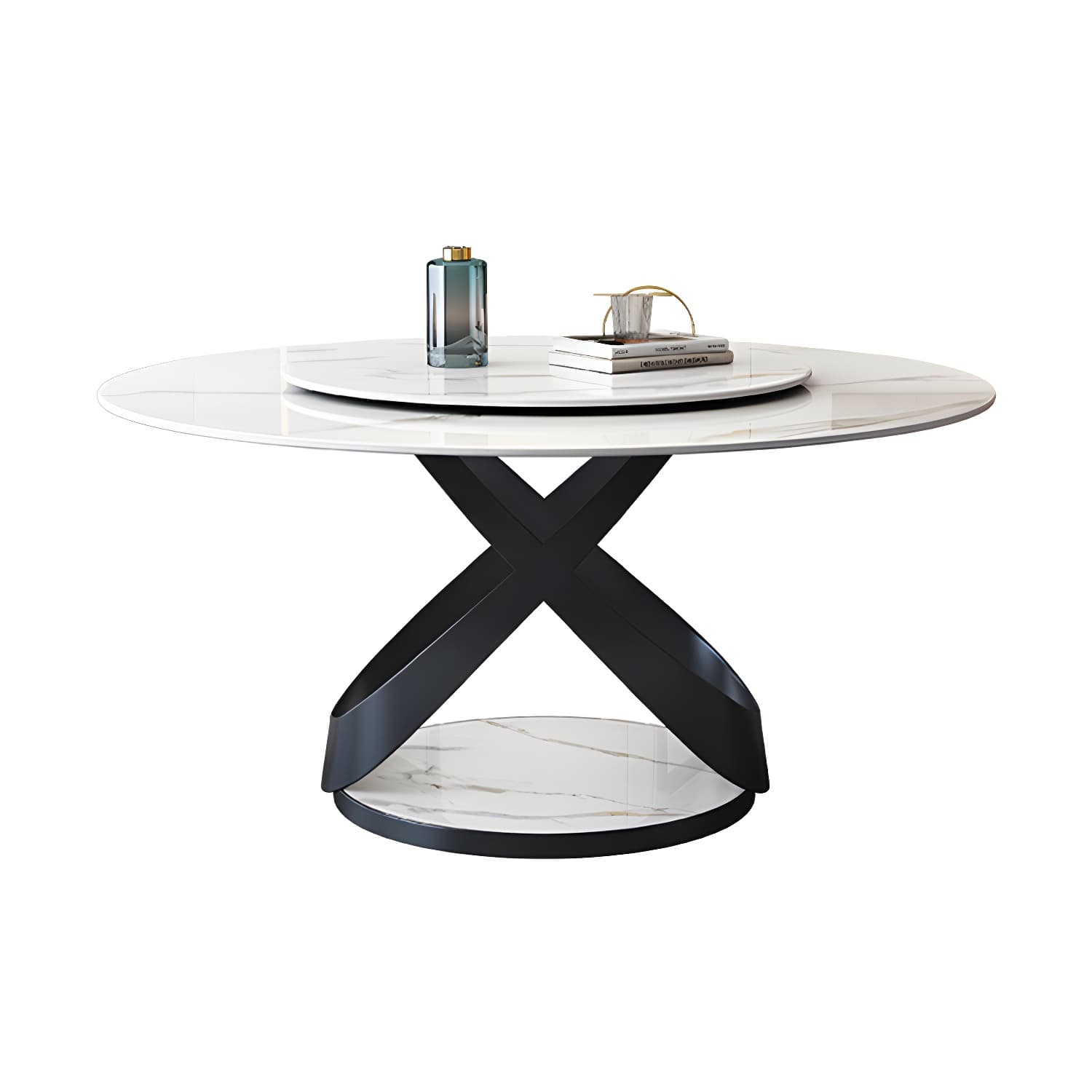 Modern Round Stone Top Lazy Susan Dining Table with Black Steel Pedestal thumbnail 8