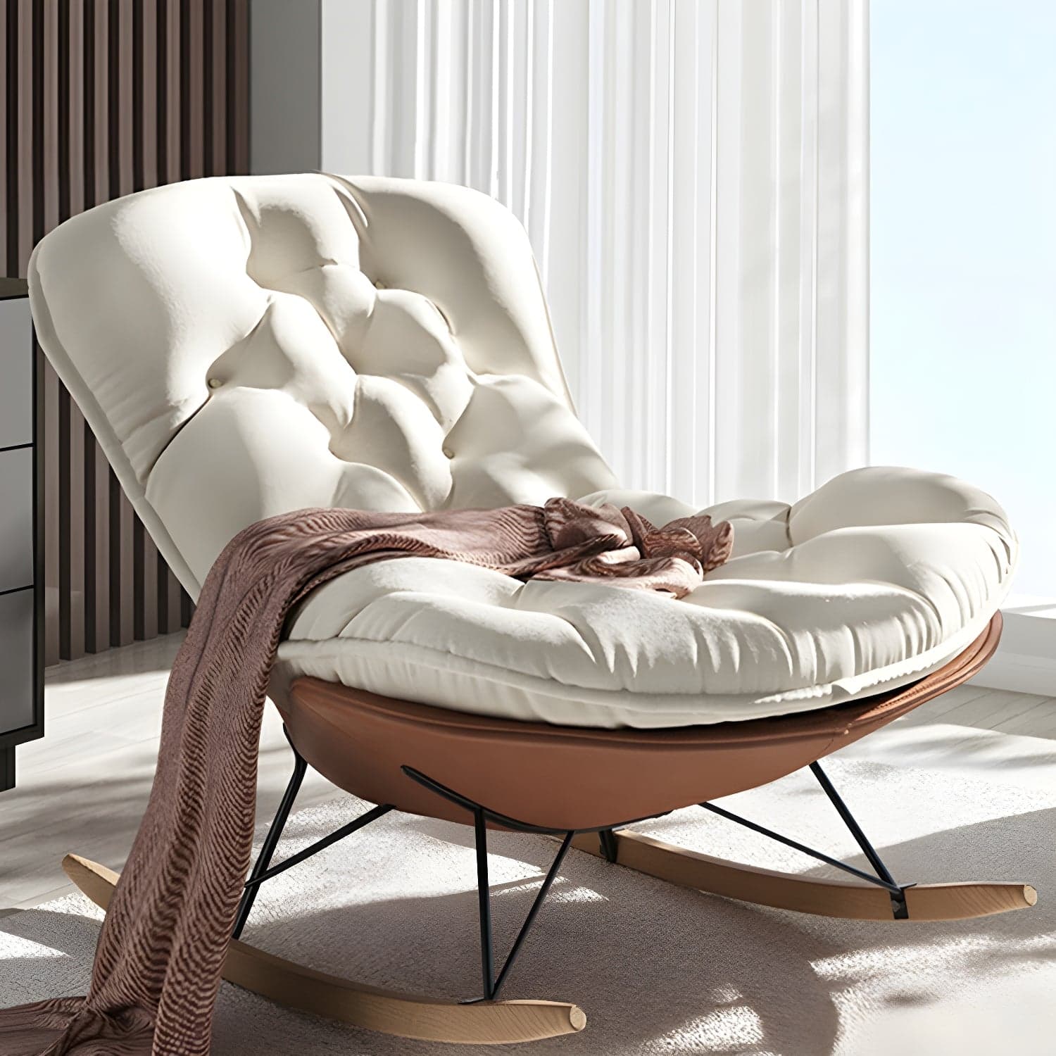 Stylish and Comfortable Modern Upholstered Indoor Rocking Chair with Natural Wood Legs