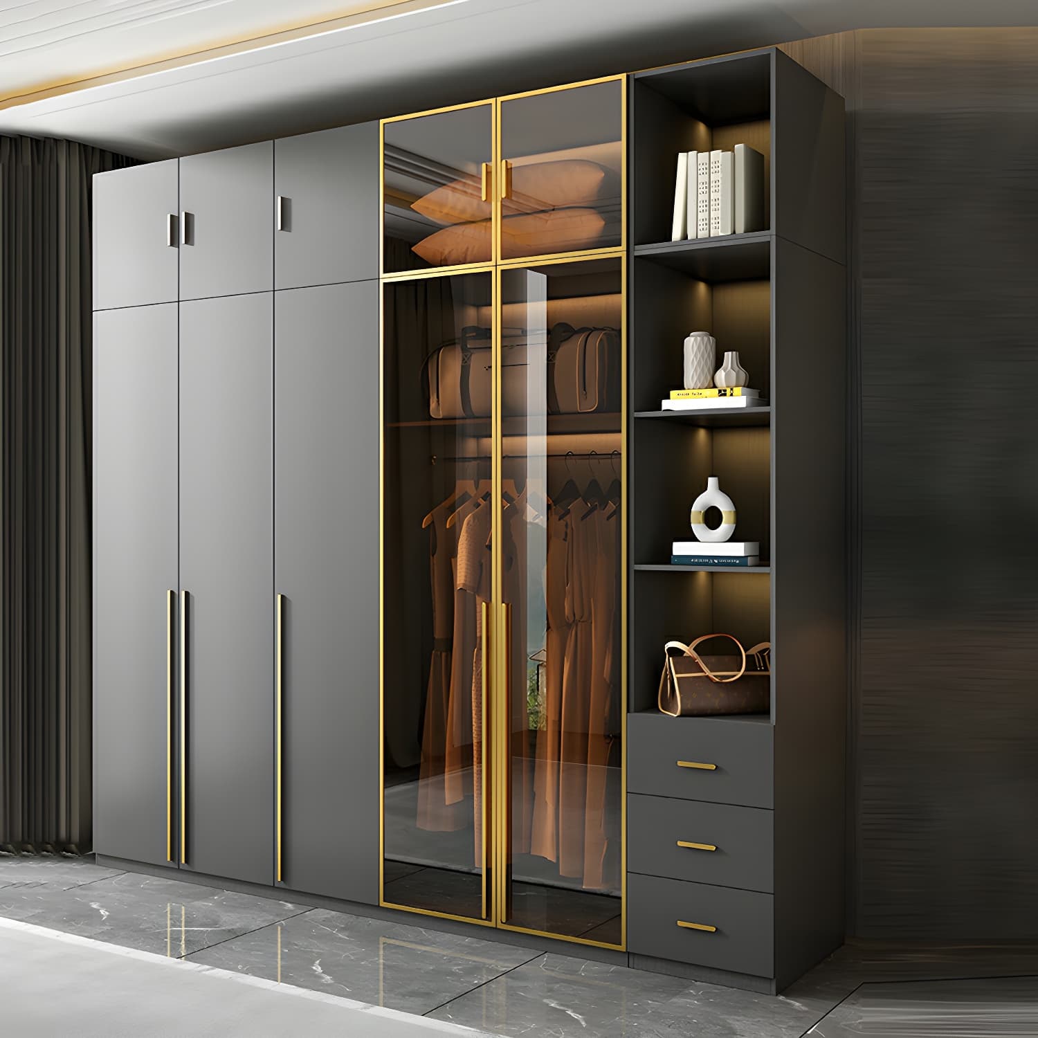 Modern Black Wood Wardrobe Armoire with Soft-Close Drawers & Clothing Rod thumbnail 2