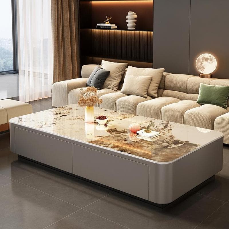 Modern Style Stone Top Steel Base Block Coffee Table with 4 Drawers Rectangular Shape thumbnail 4