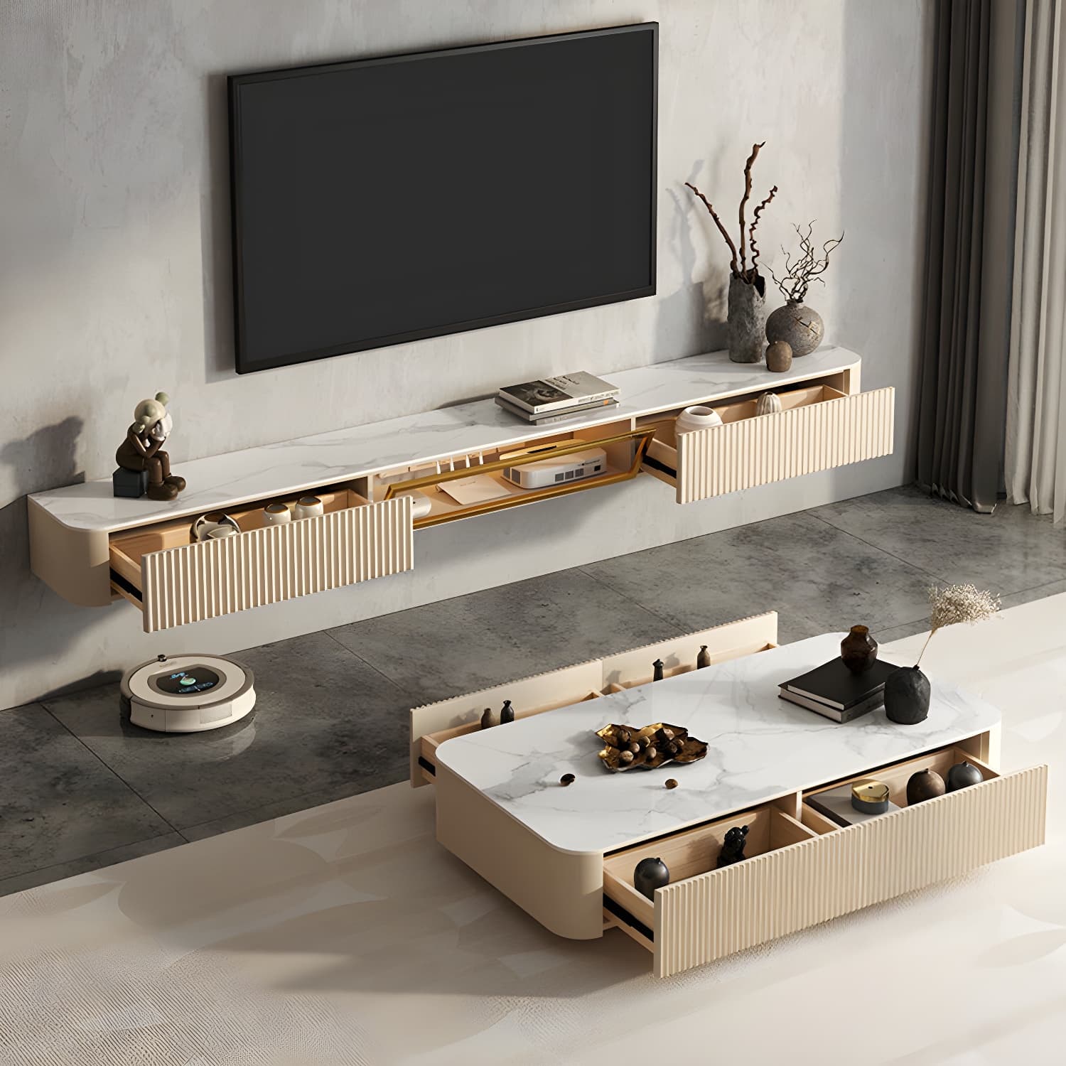 Contemporary TV Media Stand with Drawers Floating TV Stand Console thumbnail 11