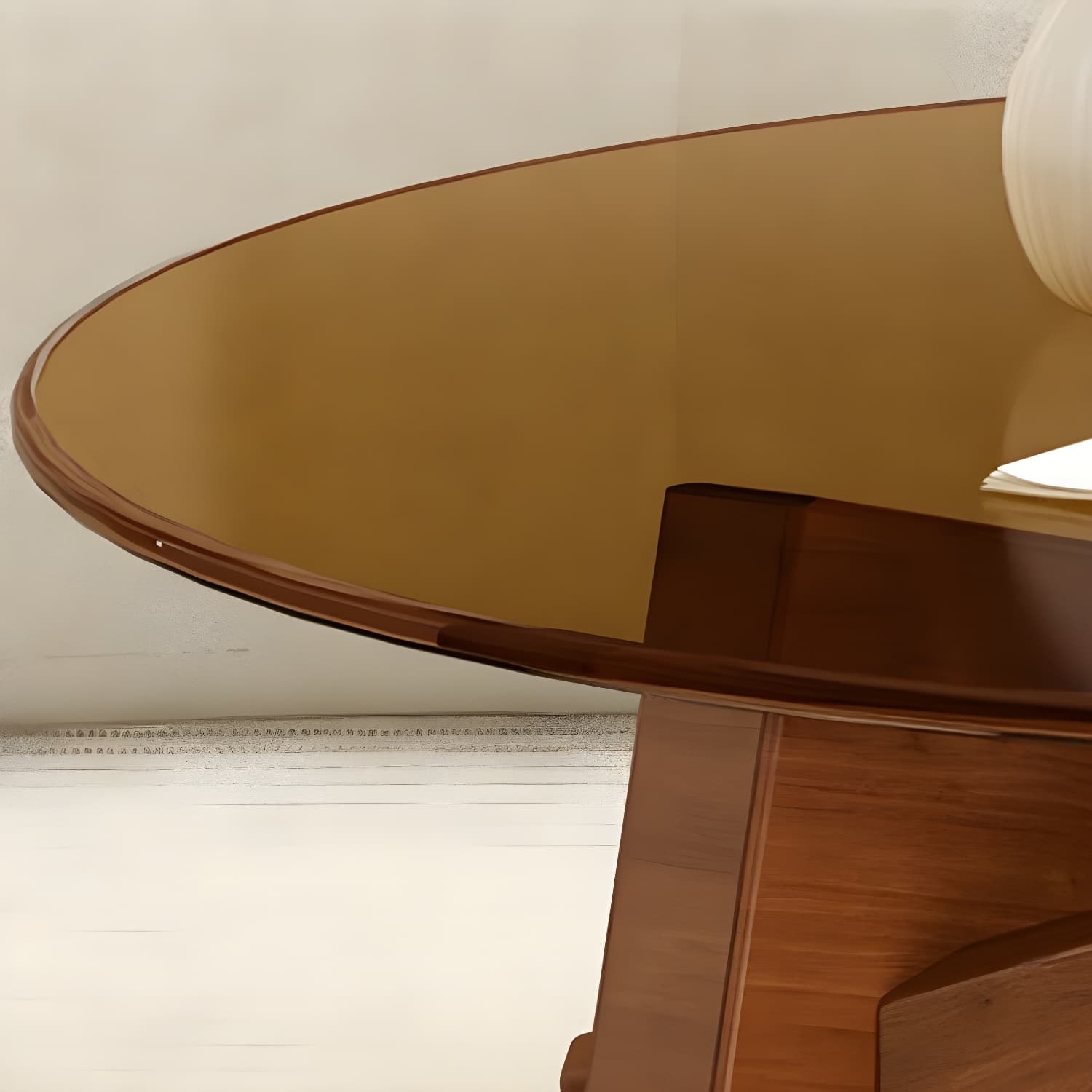 Stylish Round Glass Coffee Table with Tempered Top and Abstract Wood Base thumbnail 8