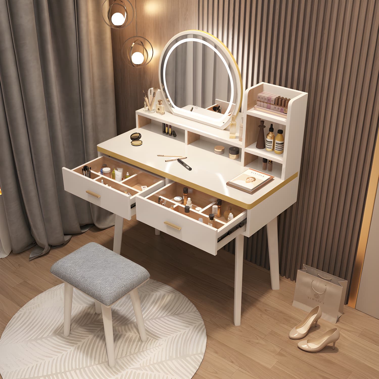 Traditional Bedroom With Drawer Solid Wood Lighted Mirror Make-up Vanity thumbnail 5