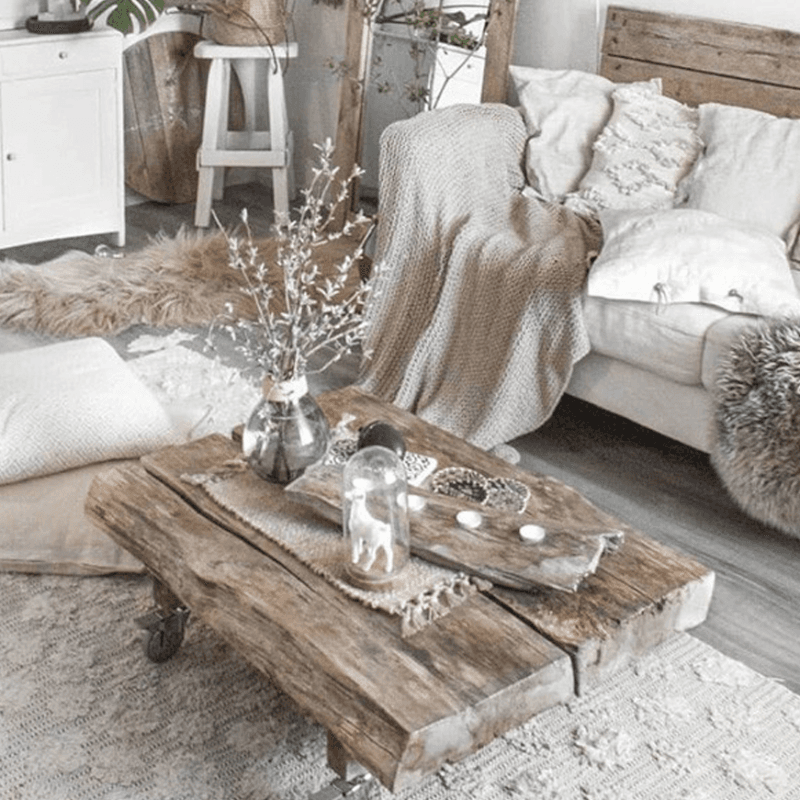 Classic Weathered Wood Wagon Wheel Pine Square Coffee Table with Rotating Roller Wheels for Home thumbnail 1
