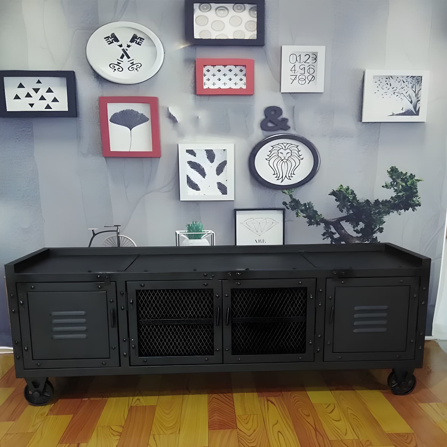 Metal Black TV Cabinet Industrial Style Home TV Stand Console with Casters thumbnail 10