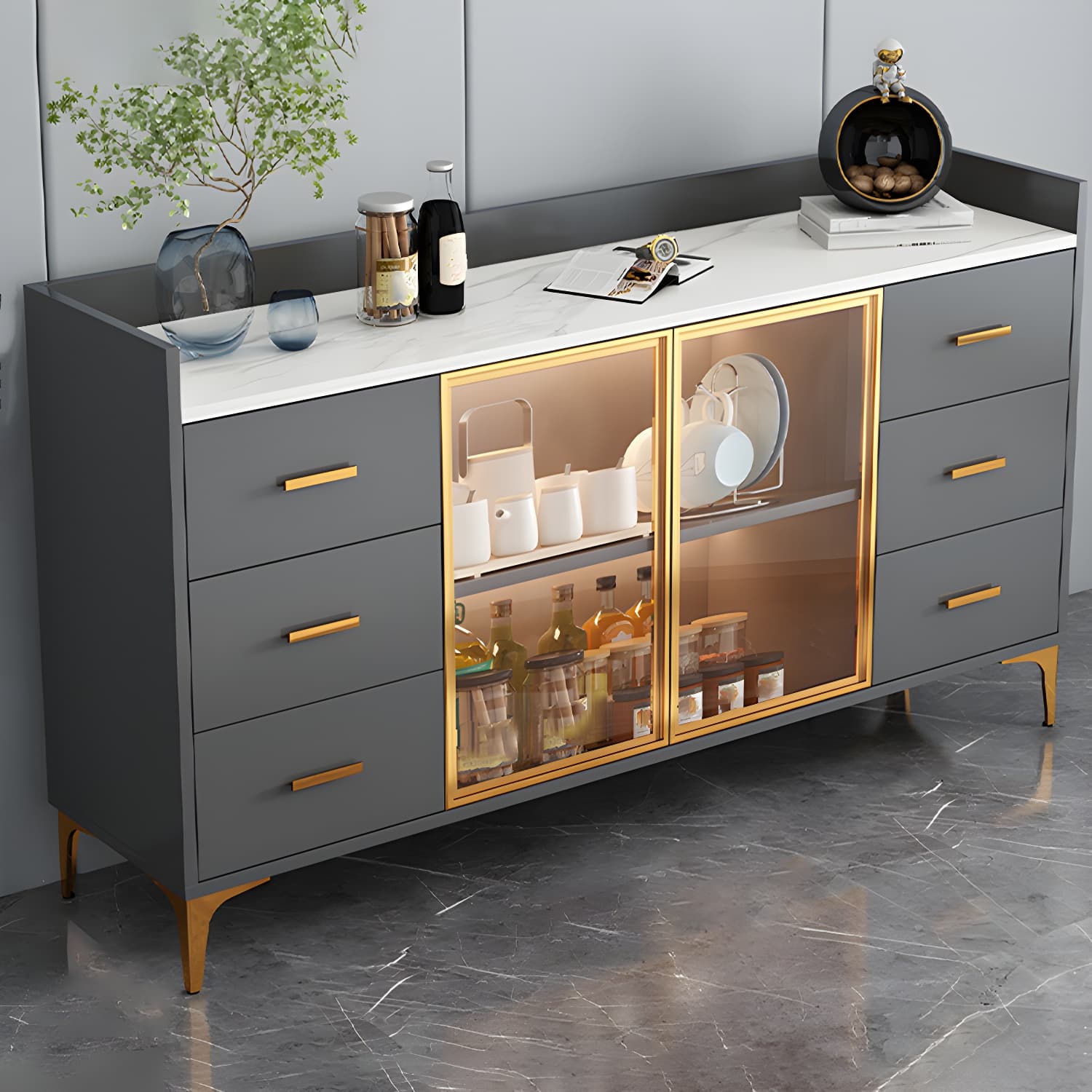 Wood Glass Doors Contemporary Style Buffet Sideboard with Cabinets and Drawers - image 12