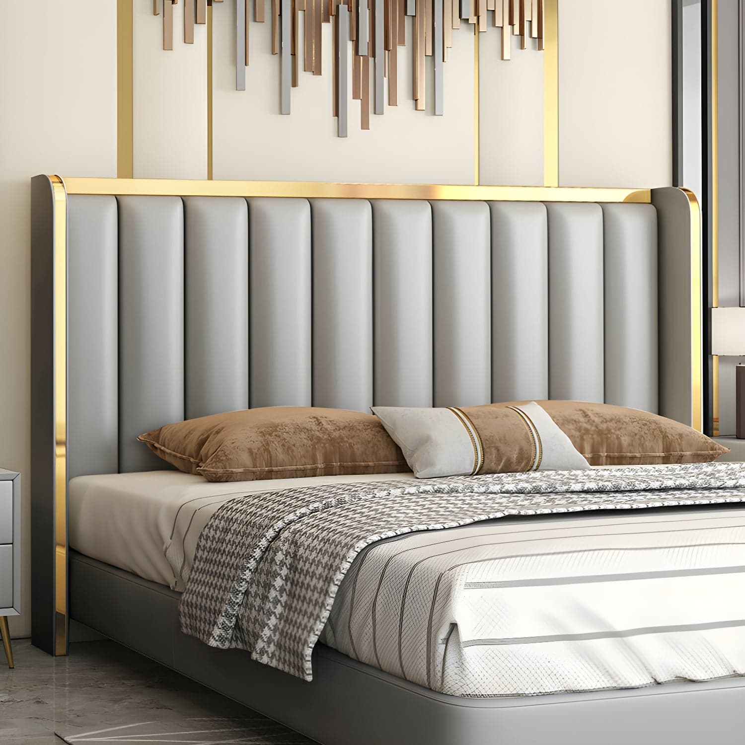 Modern Upholstered Leather Wingback Headboard with Wood Legs and Rectangular Shape thumbnail 3