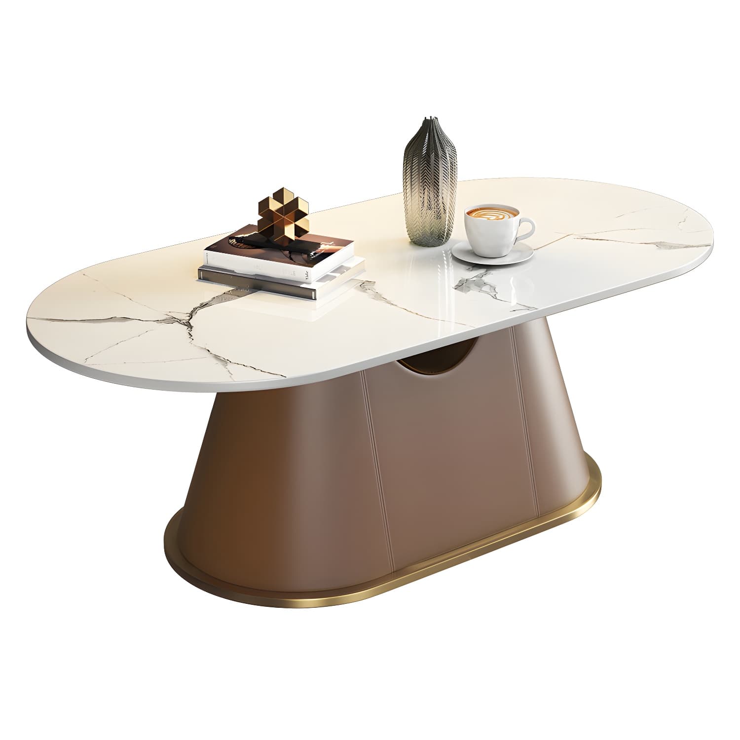Glam Oval Stone Coffee Table with Pedestal Chrome Base - Scratch Resistant thumbnail 9