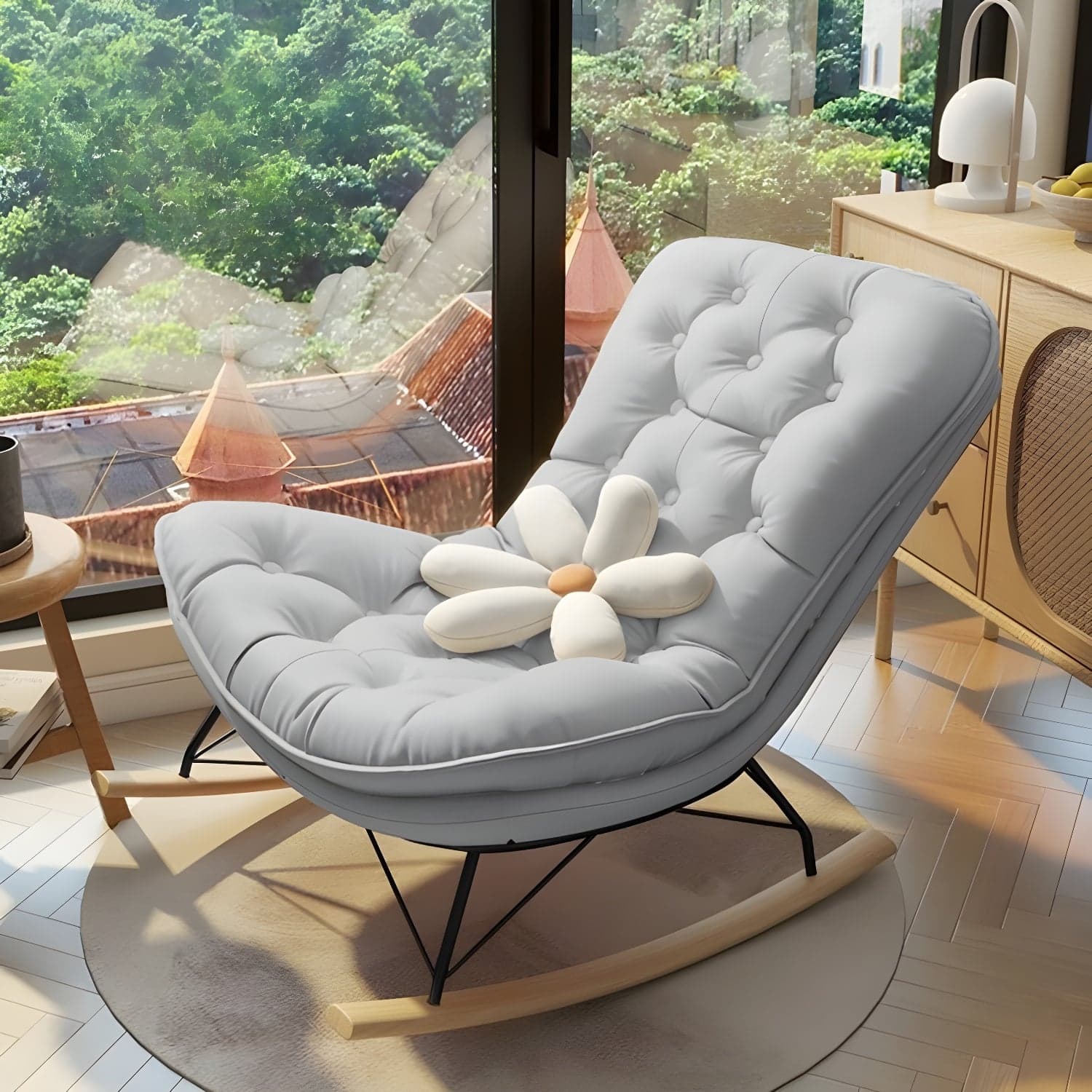 Contemporary Rocking Chair with Spindle Back, Tufted Upholstered and Wood Legs thumbnail 4