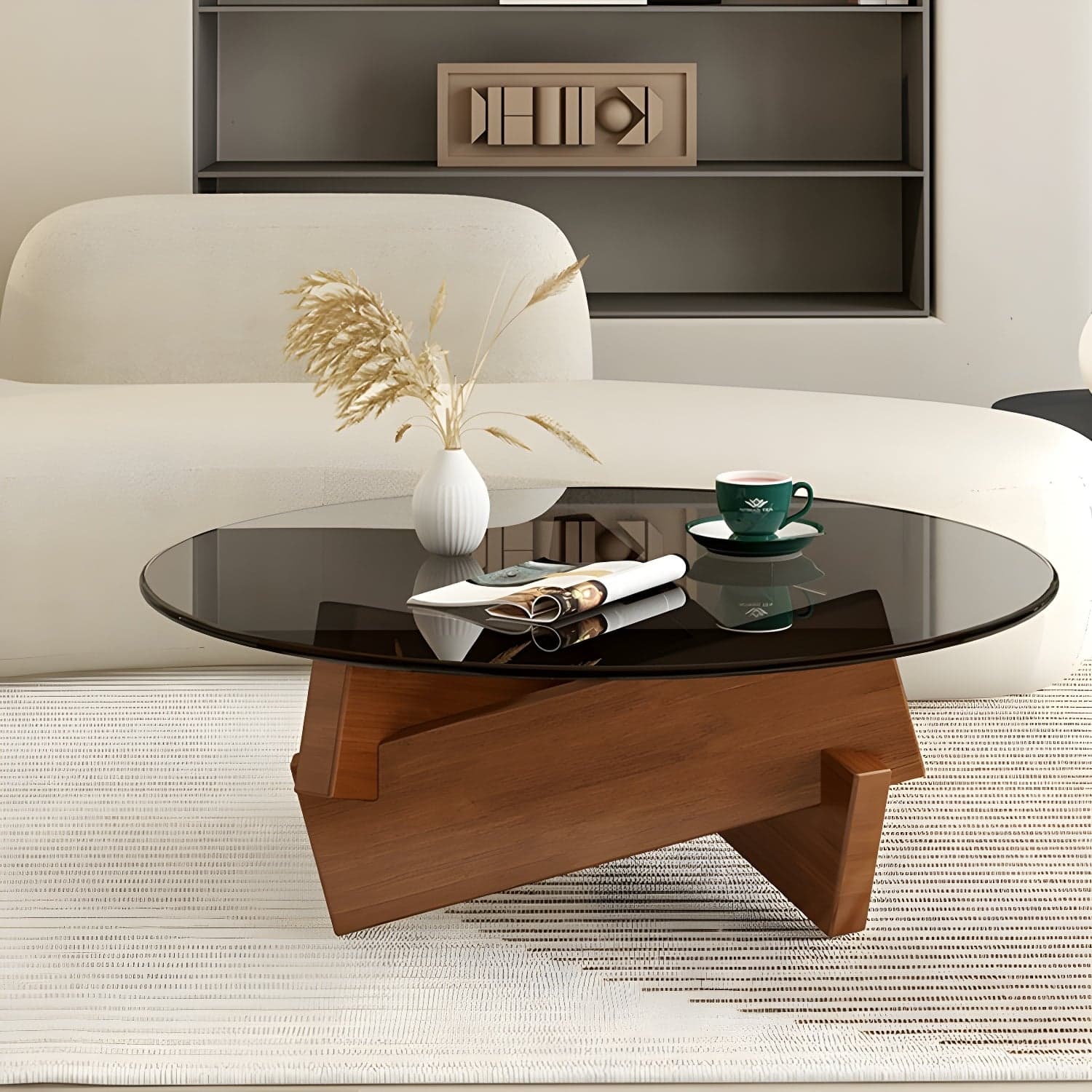 Stylish Round Glass Coffee Table with Tempered Top and Abstract Wood Base thumbnail 2