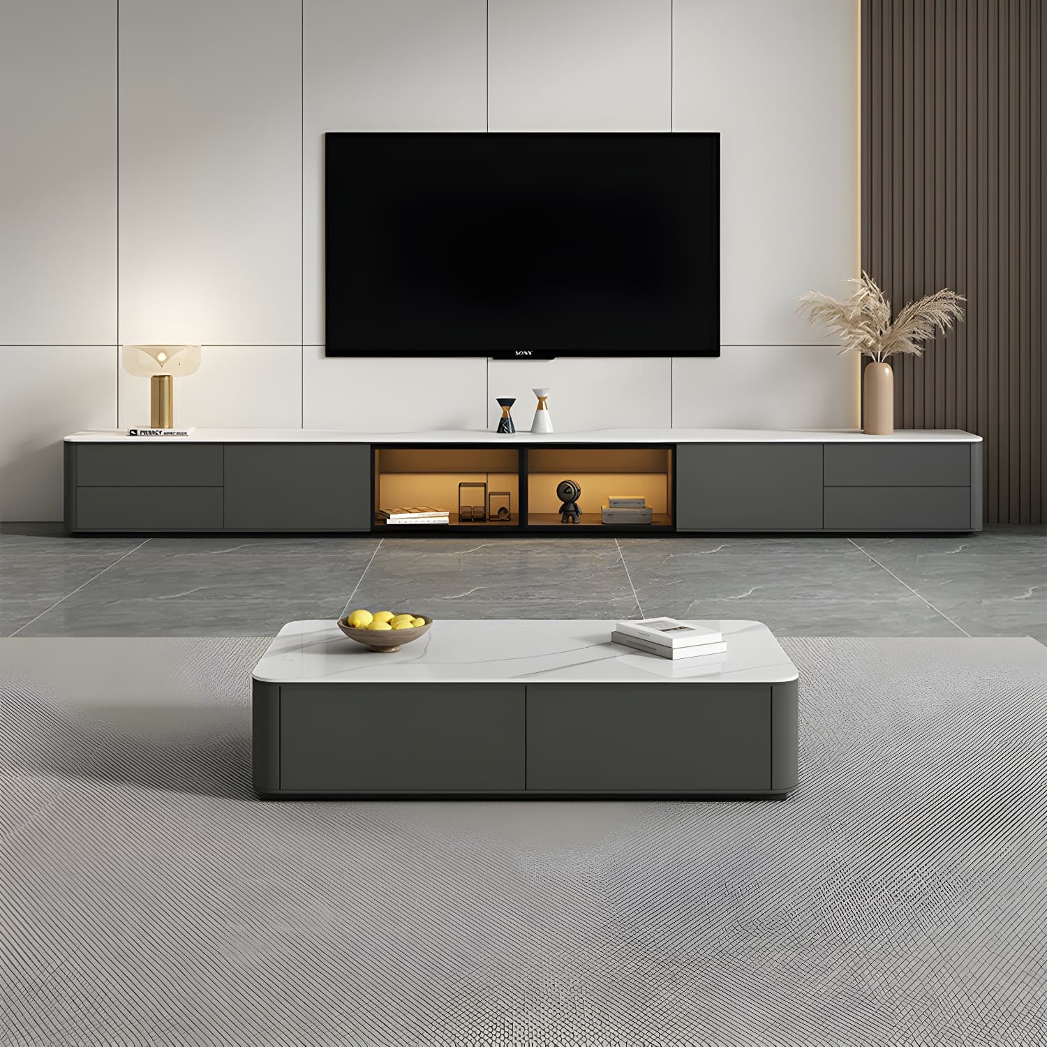 Grey Stone TV Stand with Drawers and Cabinet and No Cable Management for Modern-Style Long TVs thumbnail 2