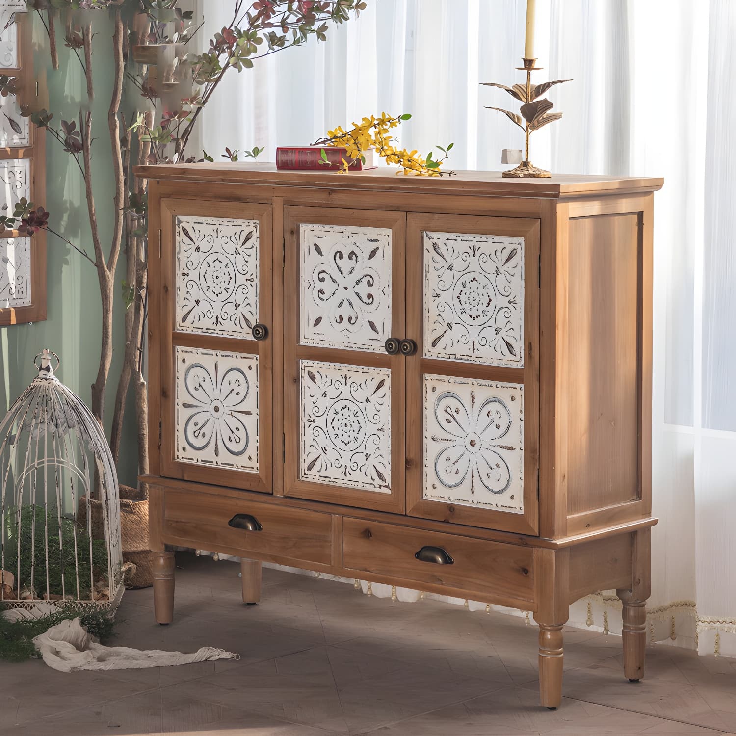 Industrial Accent Cabinet in Natural with Solid Wood Door and Drawers thumbnail 1
