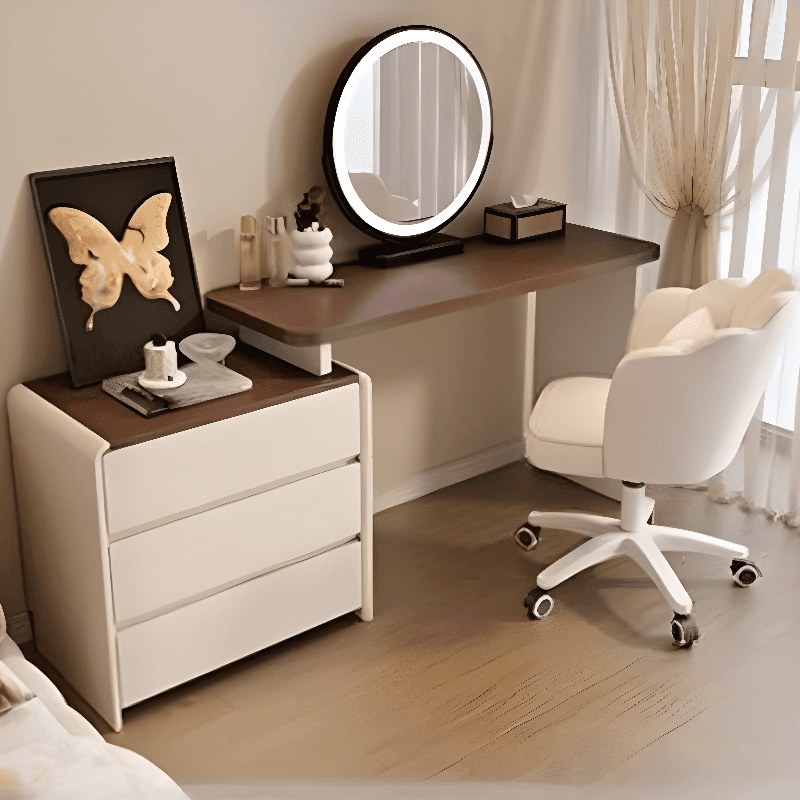 Large Vanity Set with White Seating, 6 Drawers, Mirror Lights, Seat, Lighting, and Scalable Telescopic Design thumbnail 2