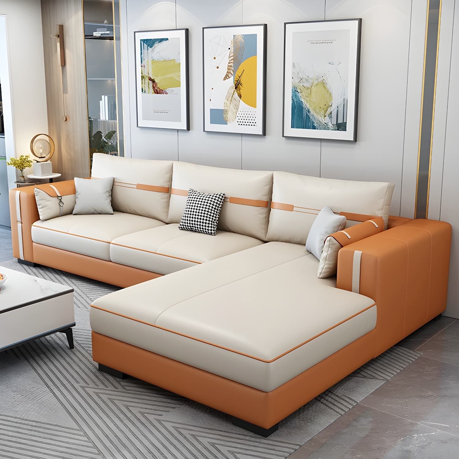 Scandinavian Wood Frame Beige Faux Leather Stationary Sectional Sofa with Cushion Back thumbnail 3