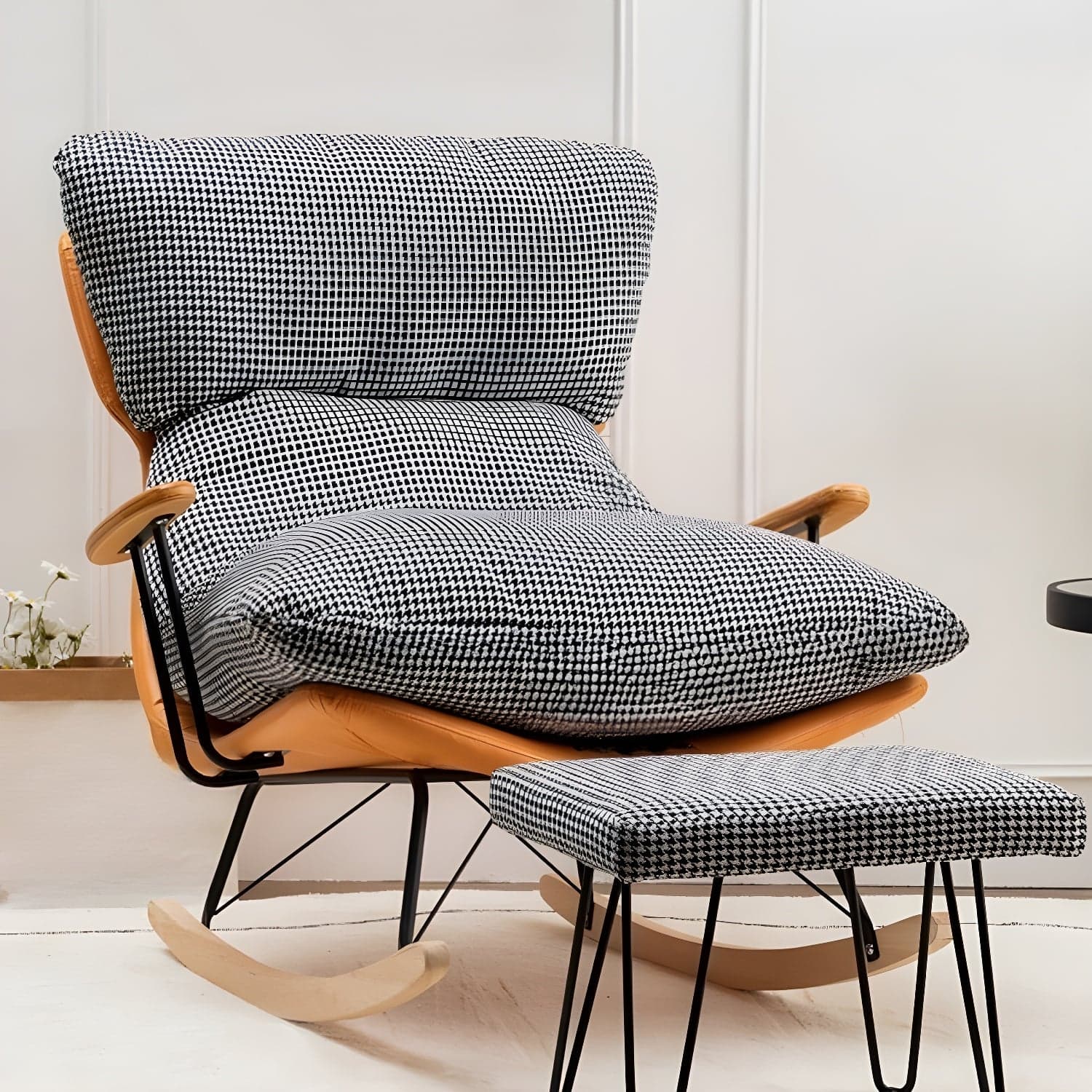 Scandinavian Indoor Upholstered Rocking Chair with Track Arms and Natural Wood Legs thumbnail 7