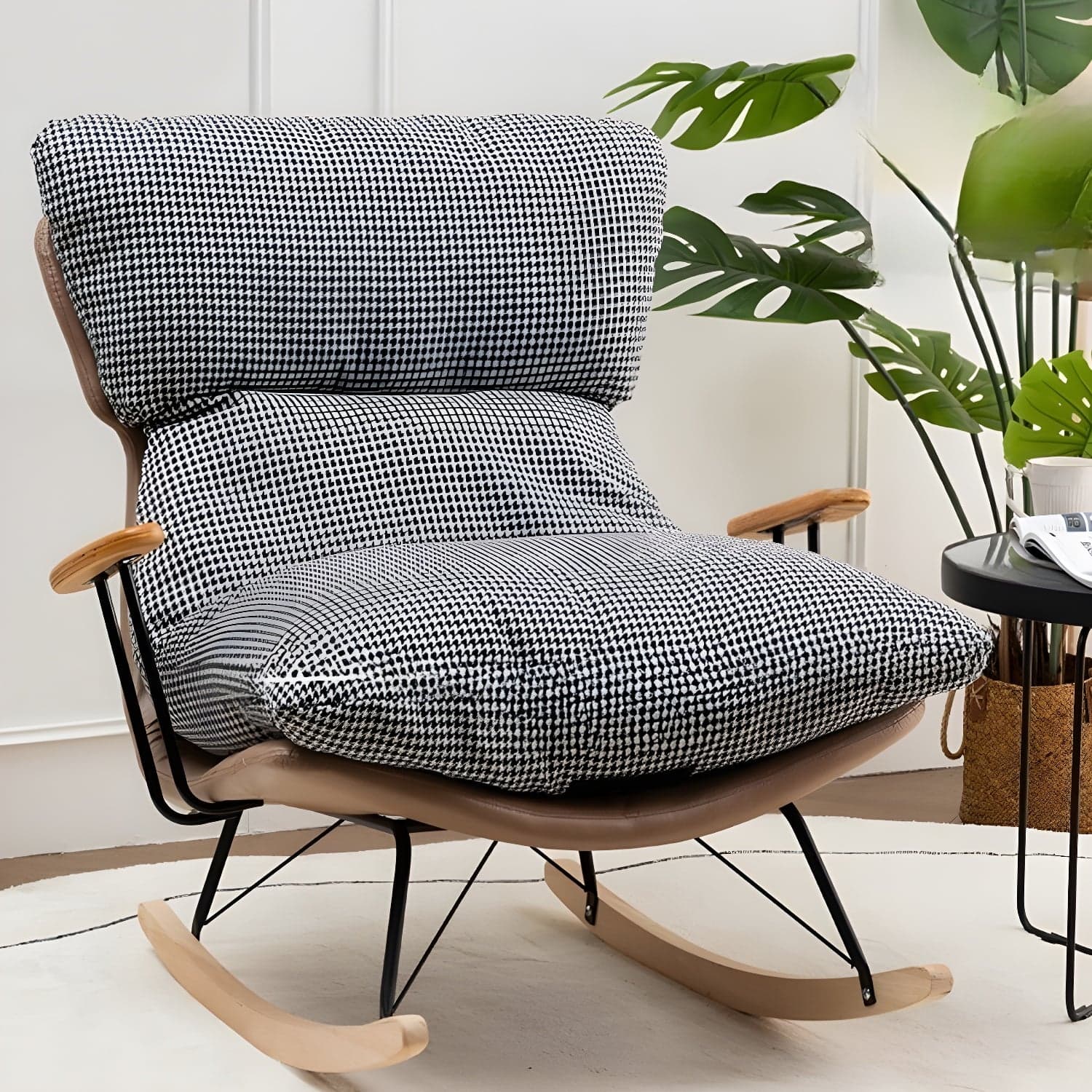 Scandinavian Indoor Upholstered Rocking Chair with Track Arms and Natural Wood Legs thumbnail 3