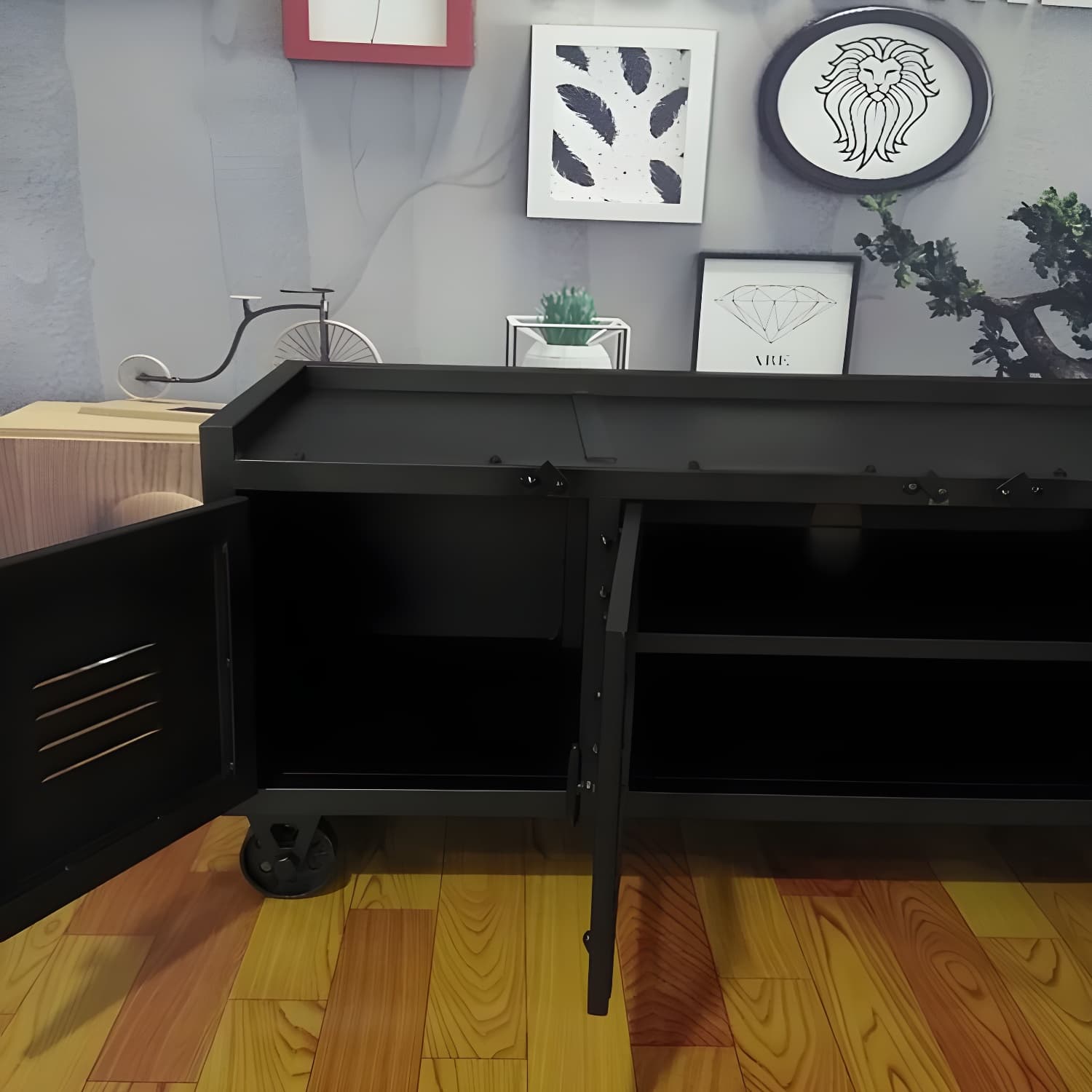 Metal Black TV Cabinet Industrial Style Home TV Stand Console with Casters thumbnail 6