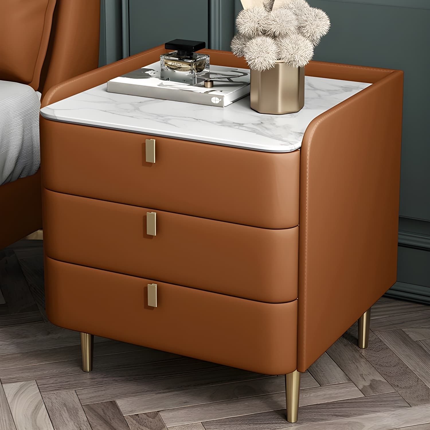 Stone Top Nightstand 3-drawer Leather Night Table with 4 Legs thumbnail 9