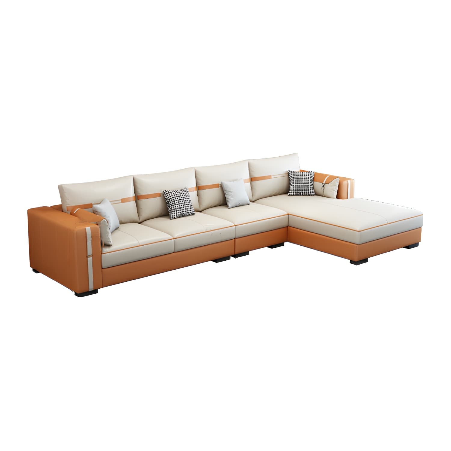 Scandinavian Wood Frame Beige Faux Leather Stationary Sectional Sofa with Cushion Back thumbnail 11