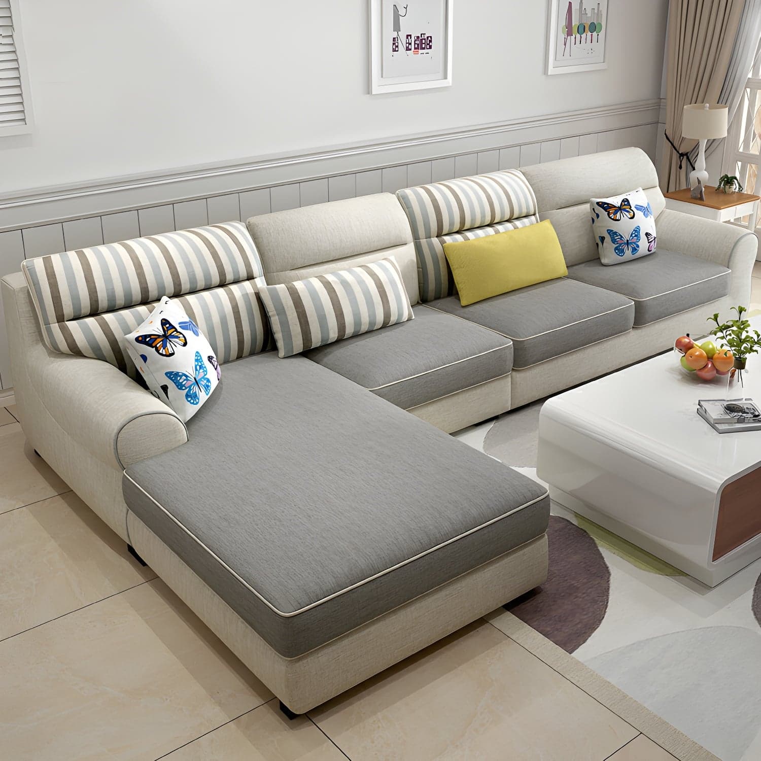 Large Modern L-Shape Stationary Wood Sectional Sofa with Round Arm and Cushion Back thumbnail 4