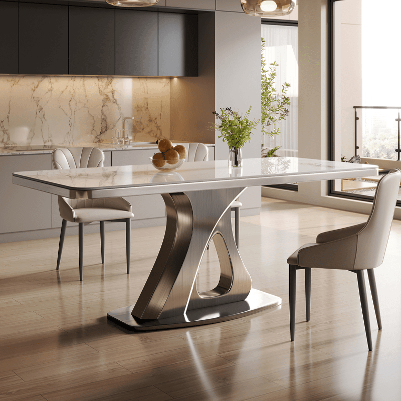 Dining Table Set with Slate Stone Top, Stump Base, Fixed Table, Padded Chair with Back in White thumbnail 1