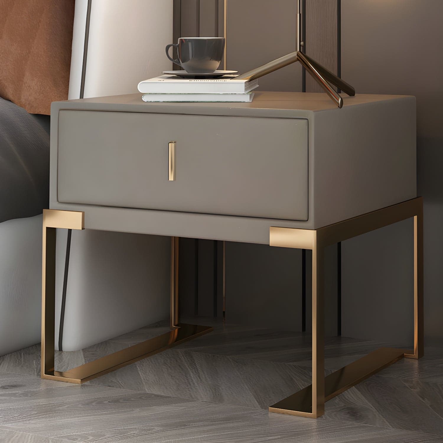 Faux Leather Nightstand 1-Drawer 21 Inch Tall Modern Legs Included Night Table thumbnail 11