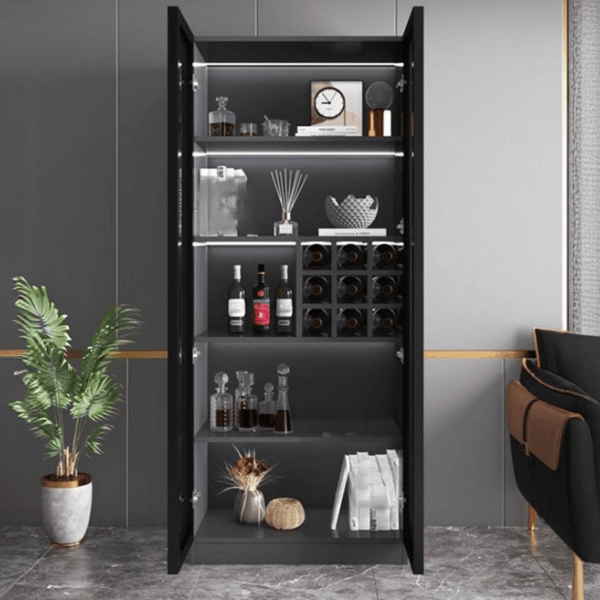 Contemporary Rectangle Utility Storage Cabinet with Storage Cabinet, Composite Wood Countertop, Glass-panel Door in Midnight Black thumbnail 3