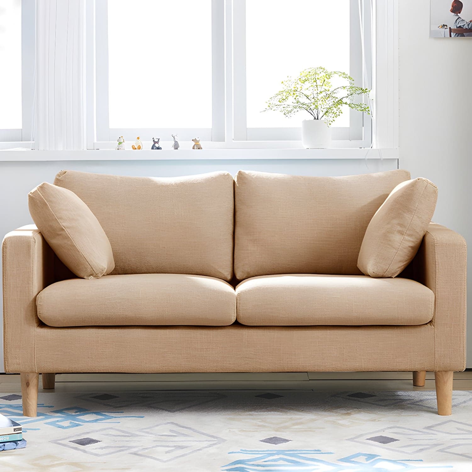 Contemporary Square Arm Couch Faux Leather Loveseat with Pillows thumbnail 10